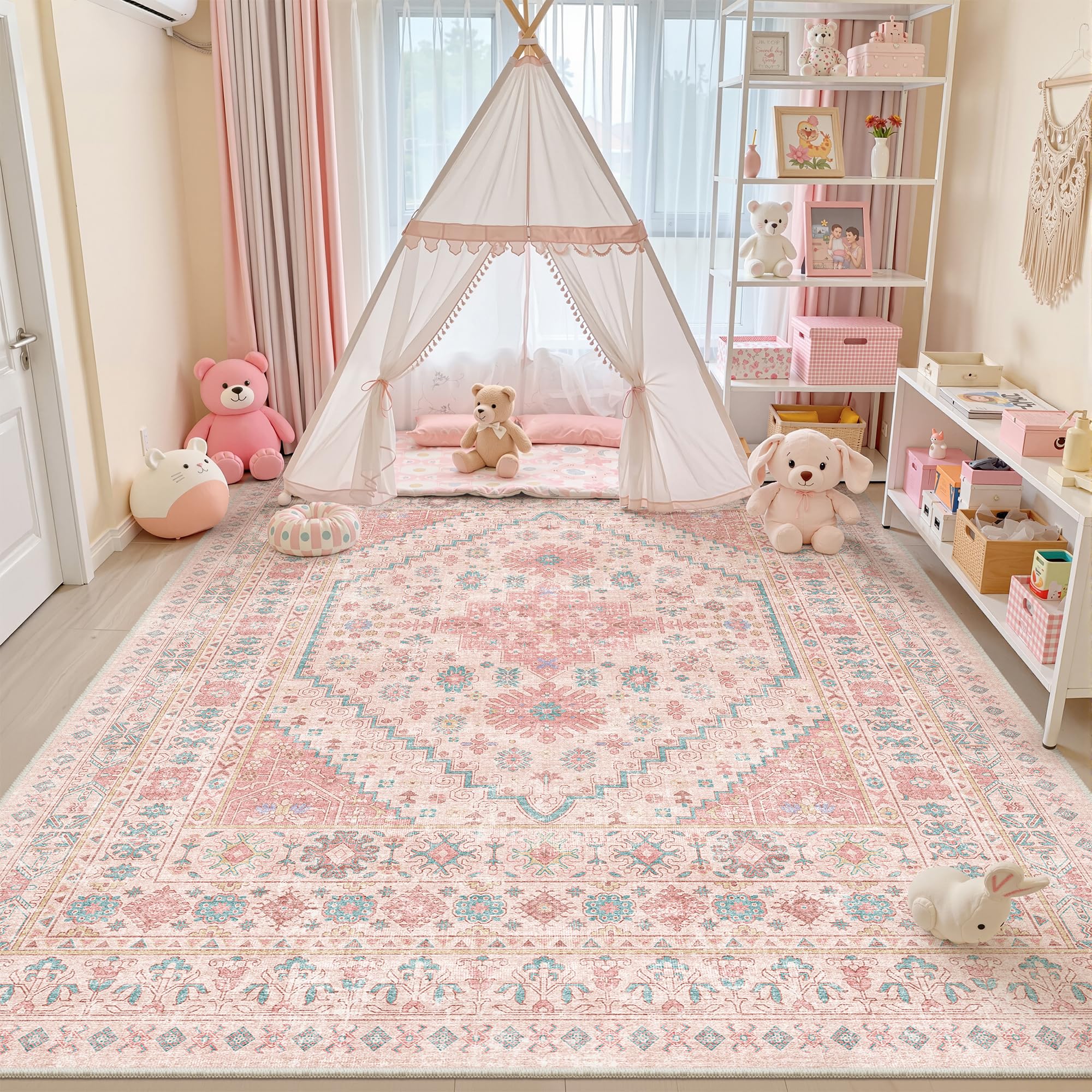 zesthome 8x10 Area Rugs for Girls Bedroom, Non-Slip Backing Washable Rugs, Vintage Large Pink Rug, Stain Resistant Nursery Room Rug (Pink/Blue,8'x10')