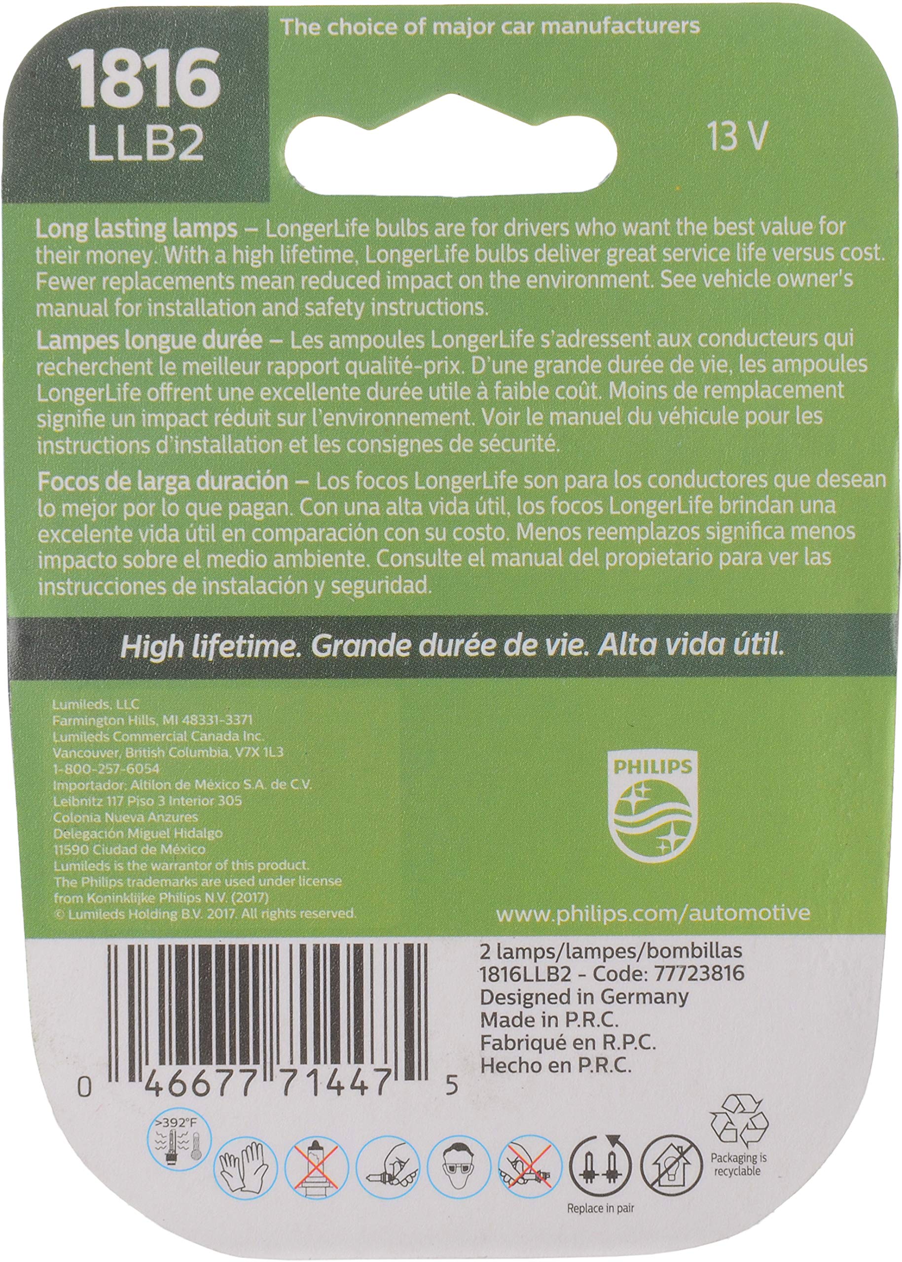 Philips Automotive Lighting 1816 LongerLife Miniature Bulb, 2 Pack, 1816LLB2