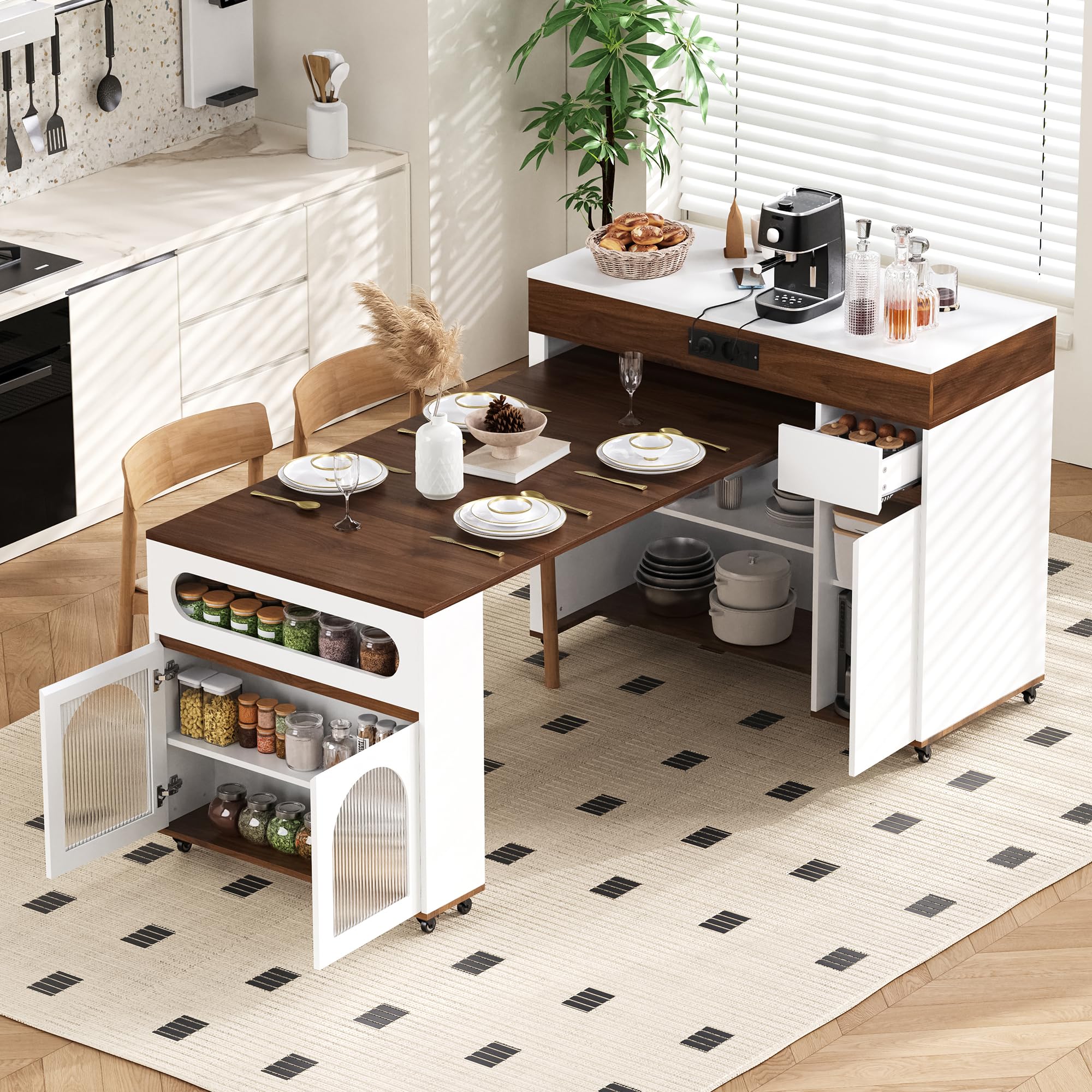 îLot De Cuisine Sur Roulettes,îLot De Cuisine RéTractable,Table Multiprises 1 Tiroir Et 3 Portes D'Armoire Sert D'îLot De Buffet Ou De Table De Bar Pour La Cuisine Et La Salle à Manger,Blanc + Noyer