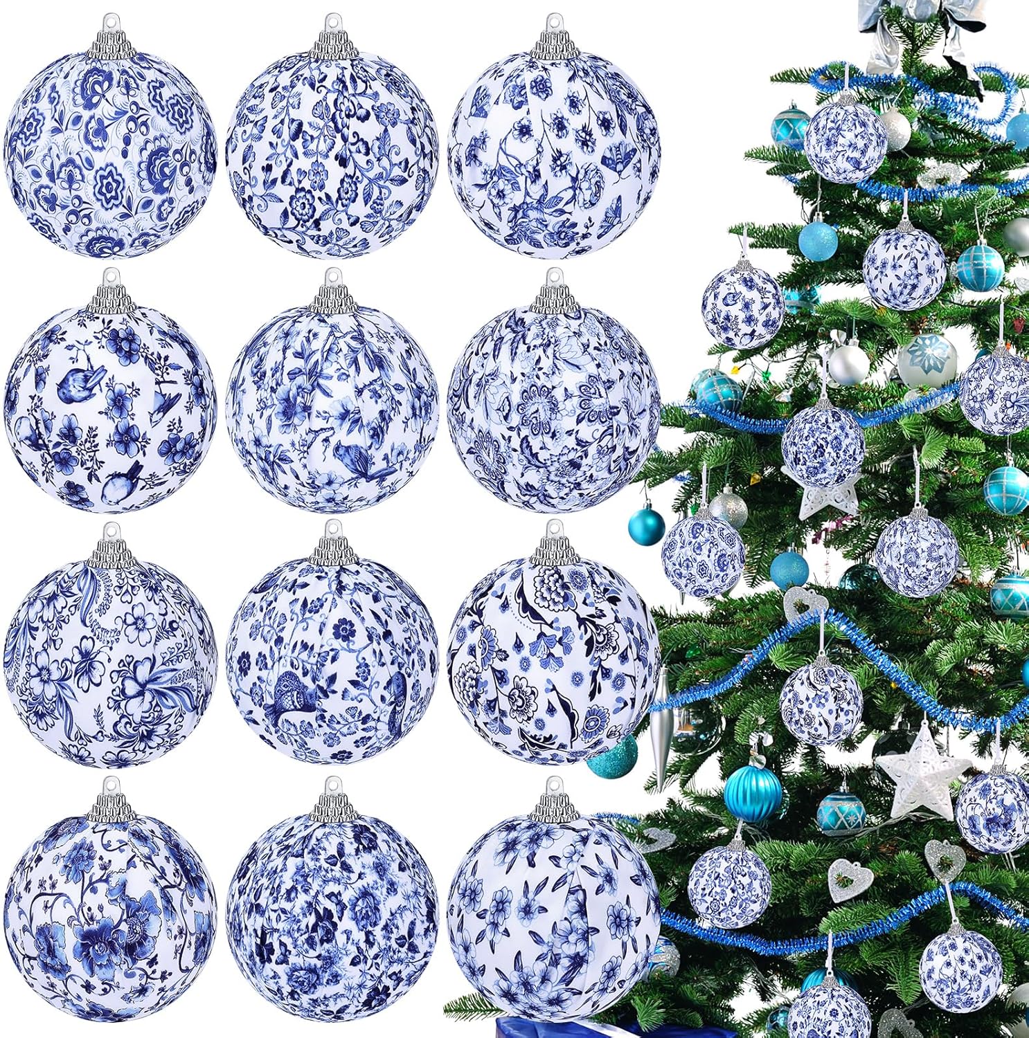 12 Pcs Chinoiserie Blue and White Balls Ornaments for Centerpiece Bowls Farmhouse Basket Tray Vases Decoration Gifts for Easter Basket Fillers Table Setting Spring Party, 3.15inch