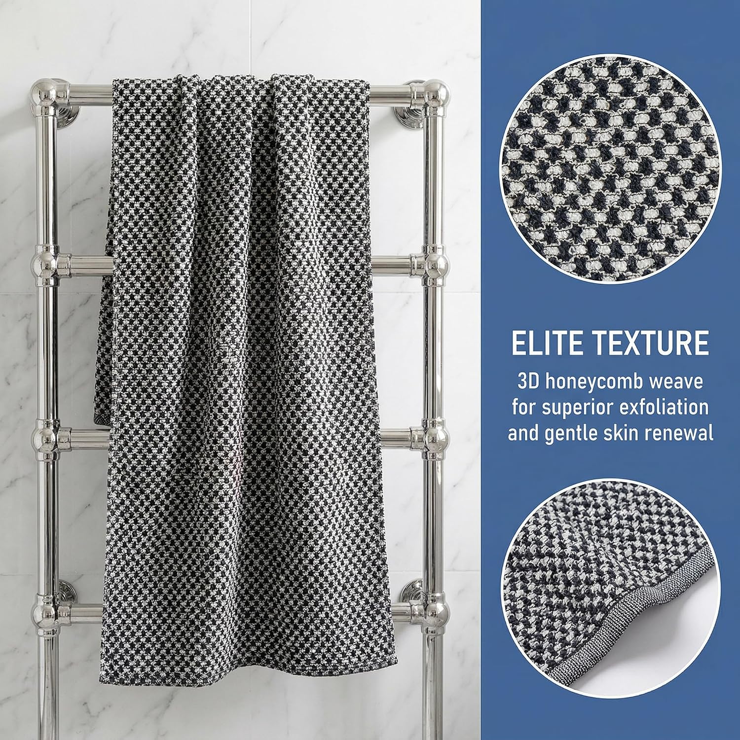 Blissal Exfoliating Shower Towel – Gentle on Sensitive Skin, Machine Washable, Effective Exfoliation for Soft & Smooth Skin (Black)