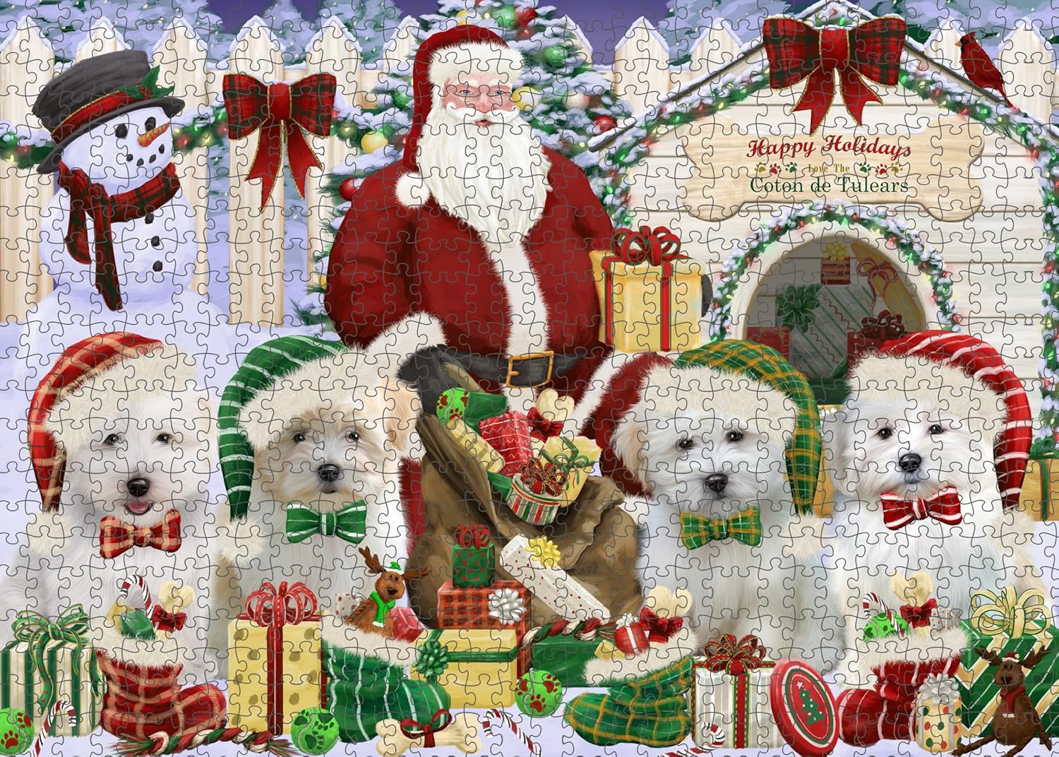 Christmas House Gathering Coton De Tulear Dogs Jigsaw Puzzle for Adults - Animal Printed Interlocking Puzzle Game Artwork - Gift for Dog Lover's- 500 Pcs 14"x20"