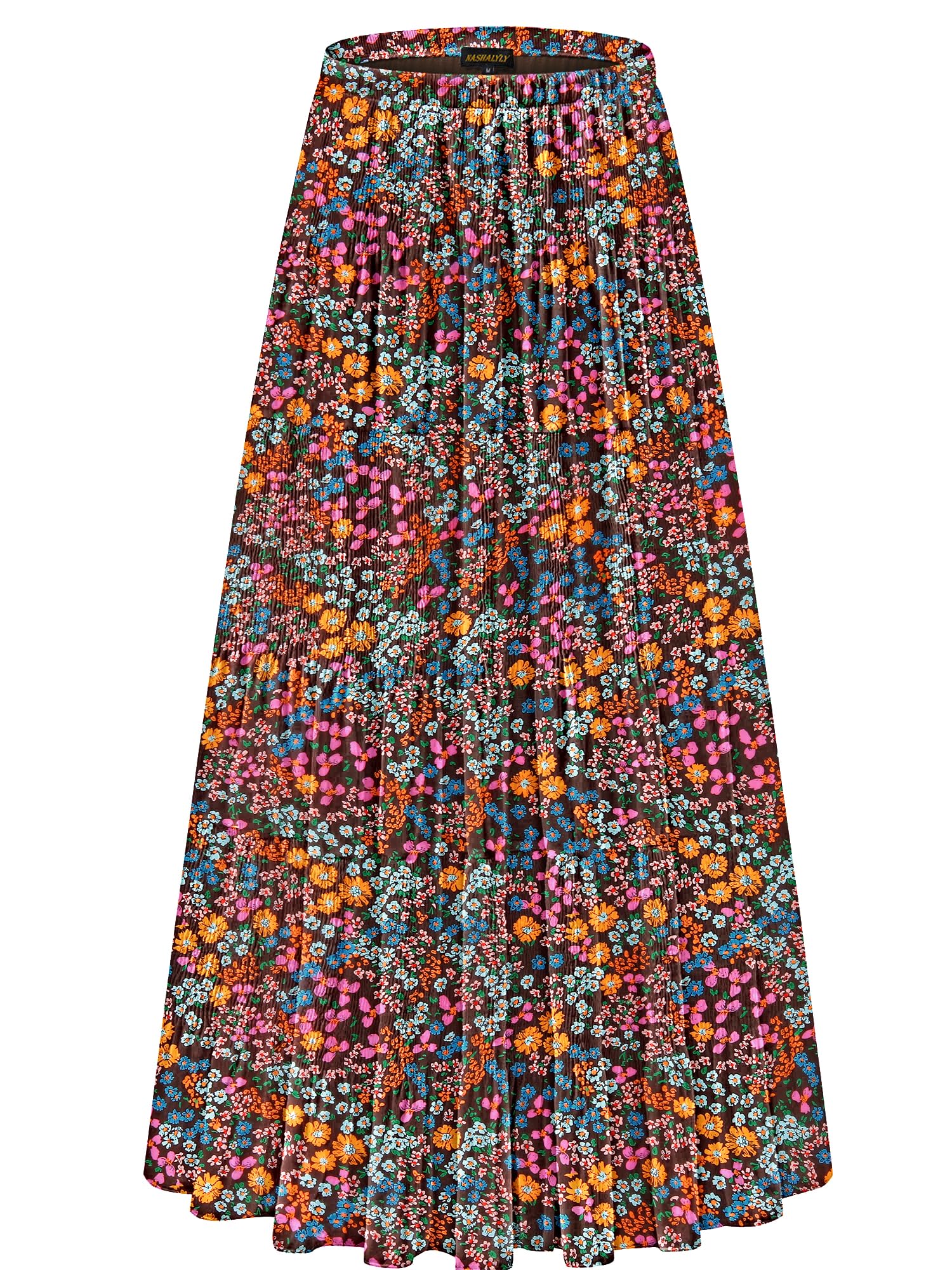 NASHALYLY Women's Chiffon Elastic High Waist Pleated A-Line Maxi Skirts