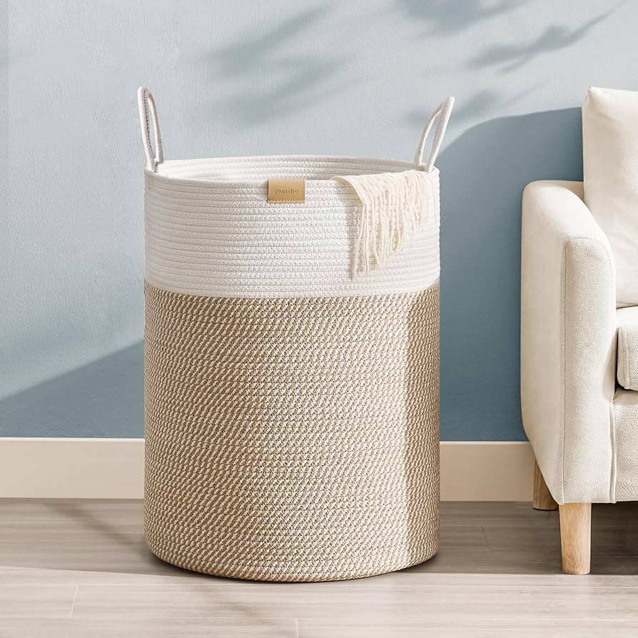 95L Laundry Hamper Basket,Baby Nursery Woven Storage Basket for Toys Bin,Pillows,Blankets,Clothes,Brown&White