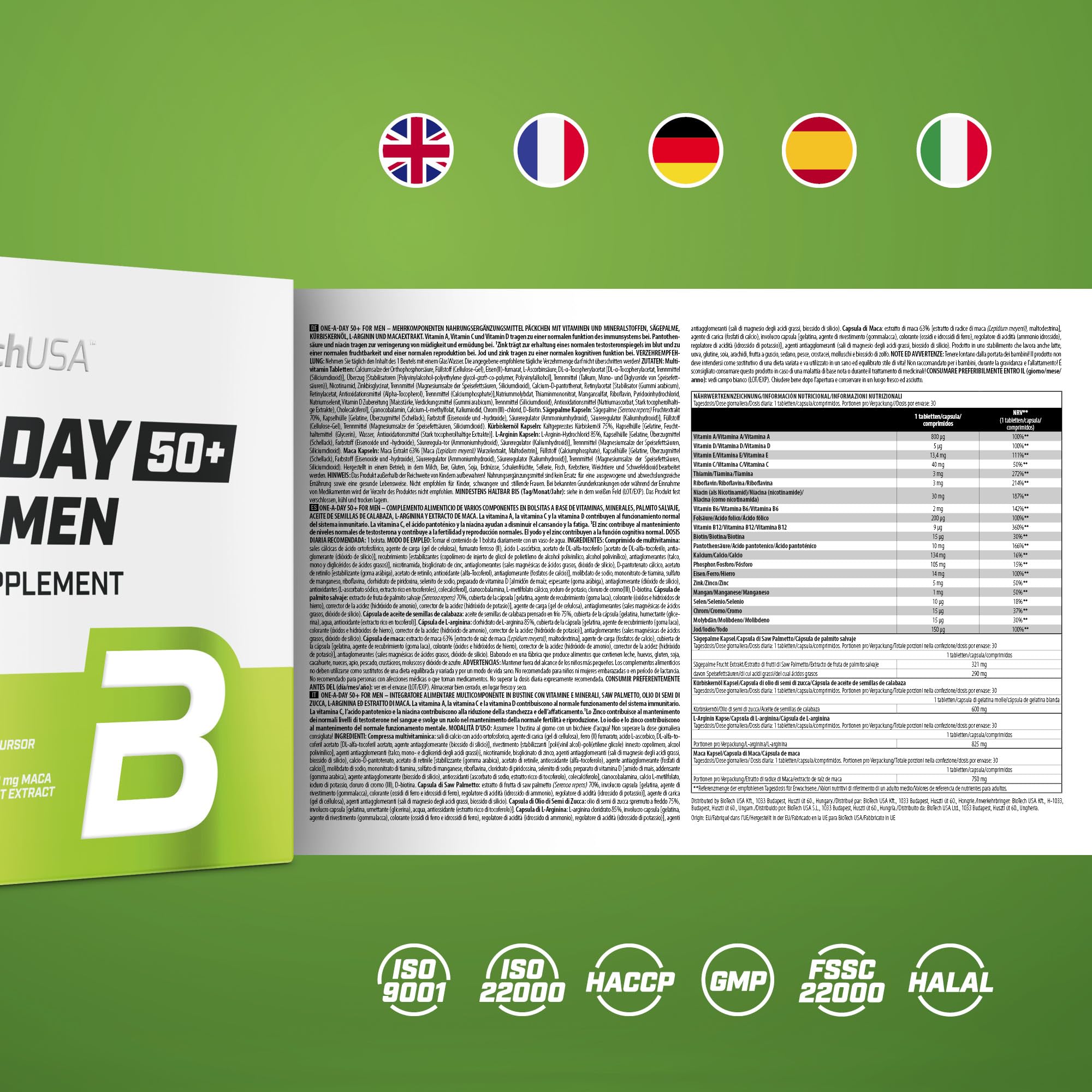 BioTechUSA One A Day 50+ for Men | Complejo multivitamínico para hombres | Complemento alimenticio multicomponente en sobres con vitaminas y minerales | Aceite de semillas de calabaza | 30 bolsitas