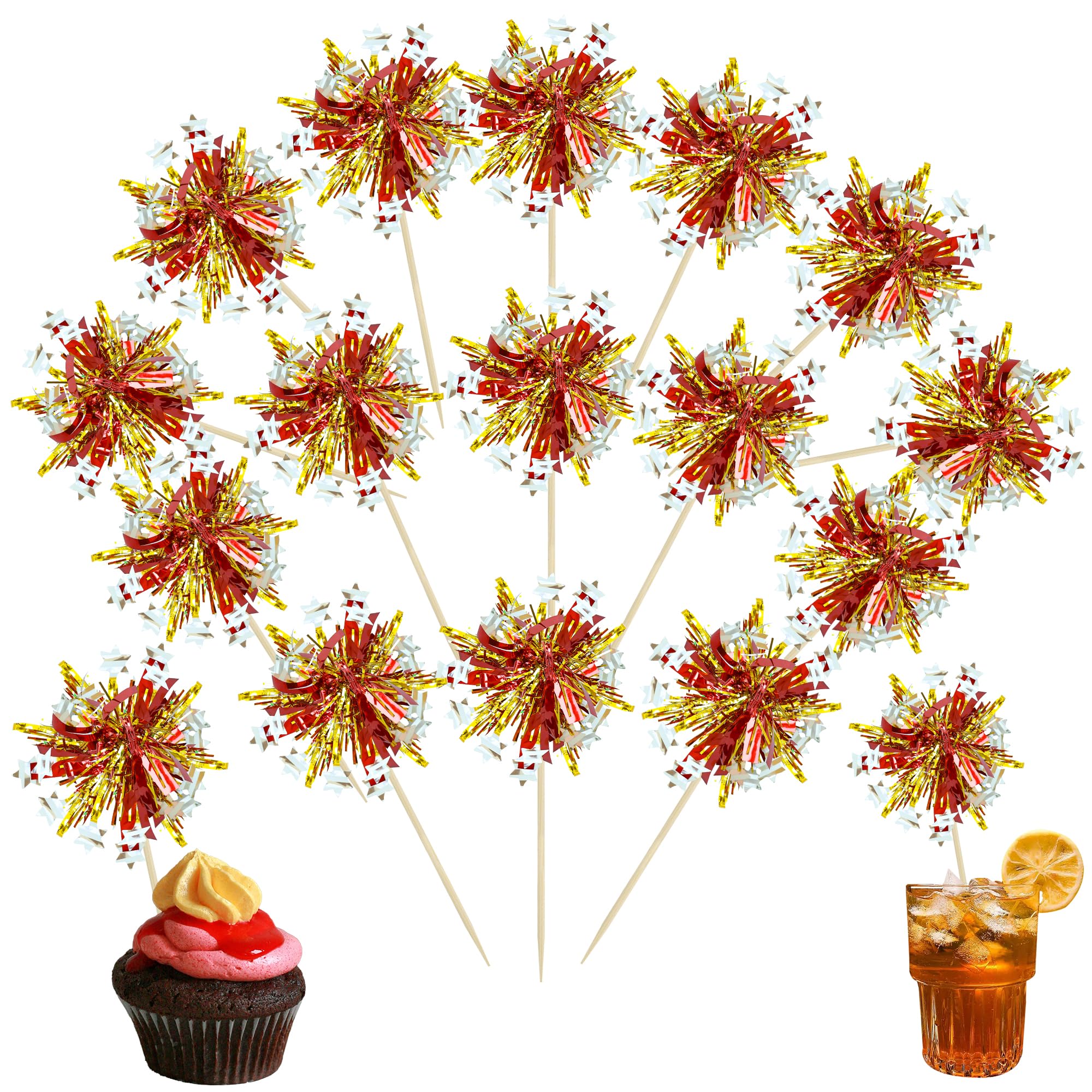 Ephlyn 30Pcs Foil Firework Cupcake Toppers Sparkle Tinsel Cupcake Picks Happy Birthday Cake Decorations Drink Stirrers Cocktail Food Fruit Toothpicks for Baby Shower Graduation Party Supplies Gold Red