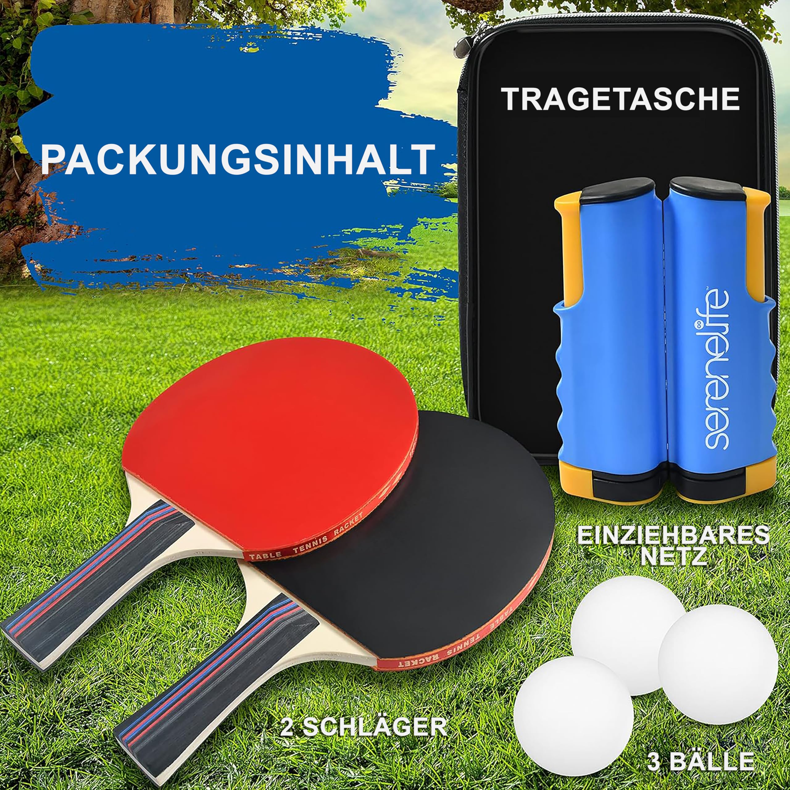 SereneLife Tischtennis Set mit 2 Schlägern 3 Bällen und Tragetasche – Einziehbares Netz Verstellbar für Indoor Outdoor Familie Anfänger mit Kontrolle und Komfort