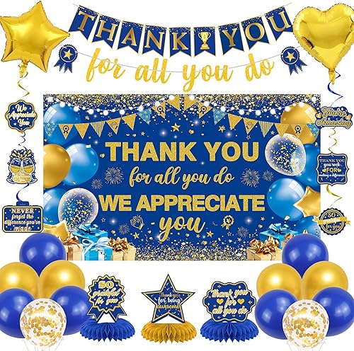Vlipoeasn Decoración de pancartas con texto en inglés "We Appreciate You", color azul dorado con texto en inglés "Thank You for All You Do", centros