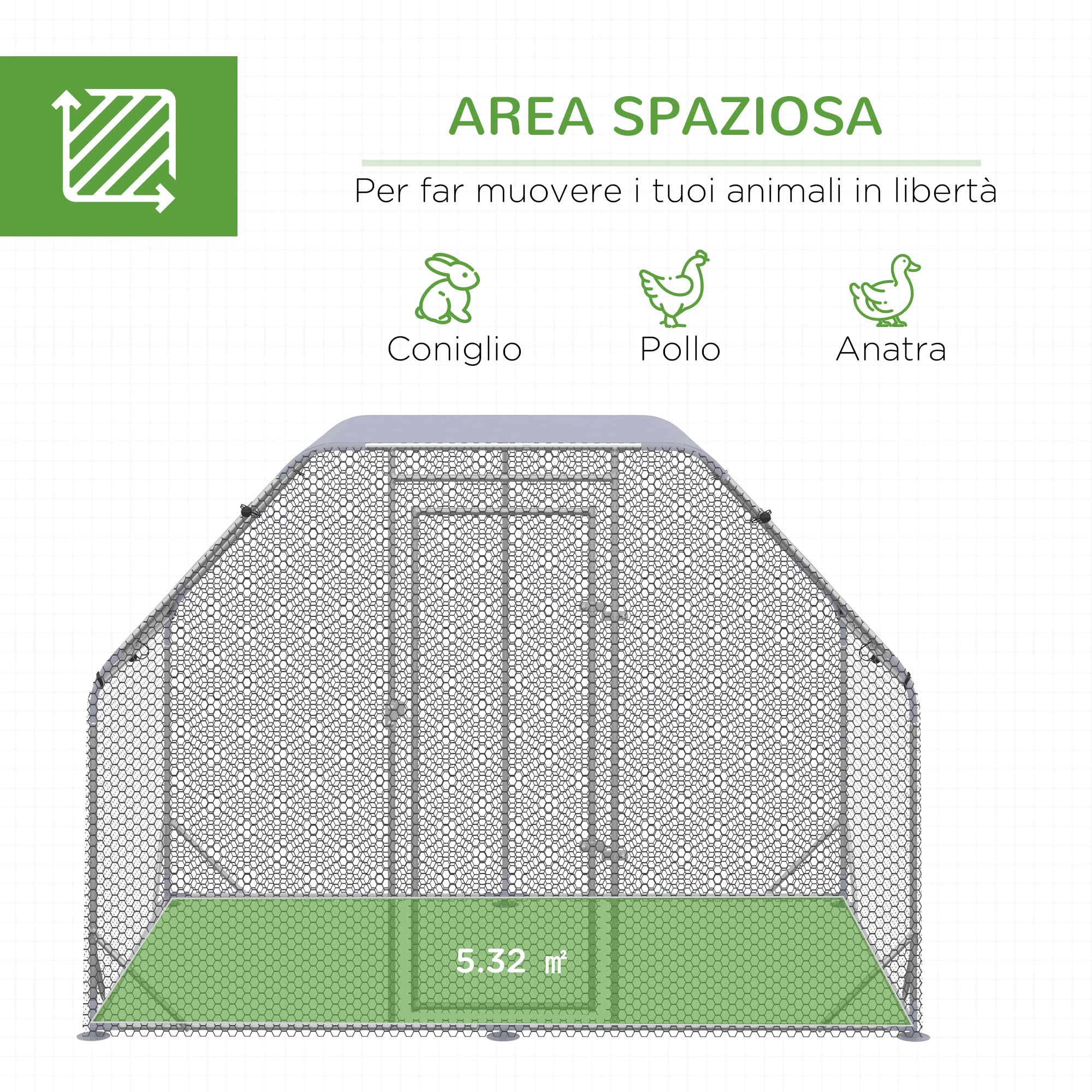 PawHut Recinto per Galline con Telo di Copertura, Pollaio per Galline con Serratura in Acciaio, 280x190x195 cm