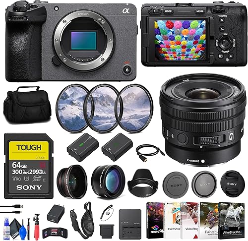 Sony Cámara de cine digital FX30 (ILME-FX30B) E 0.394-0.787 in G + tarjeta resistente SF-G de 64 GB + kit de filtro + lente gran angular + lente de