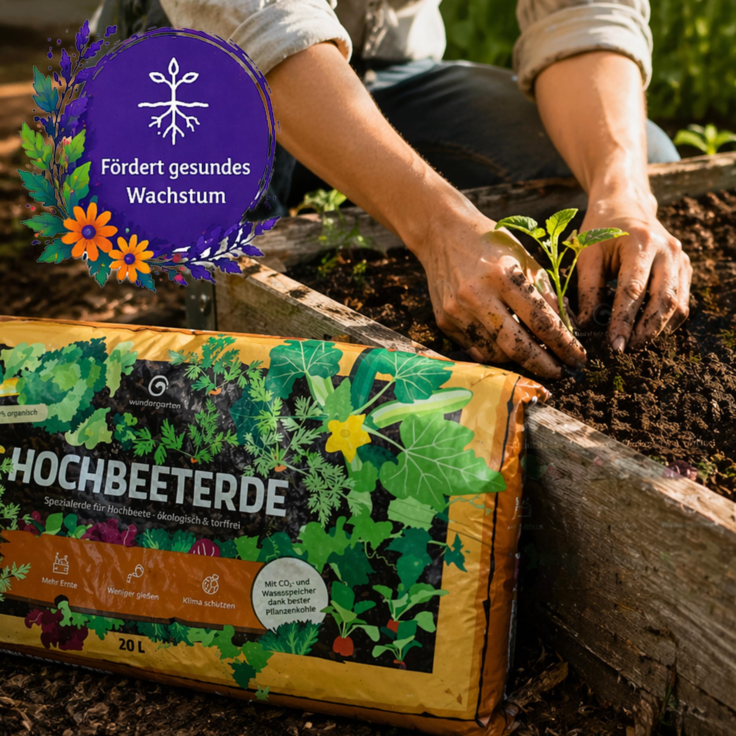 9X 20L Bio Hochbeeterde torffrei – Mit Pflanzenkohle – Wundergarten – Erde für Gemüse, Kräuter & Hochbeet – Weniger Gießen & Düngen
