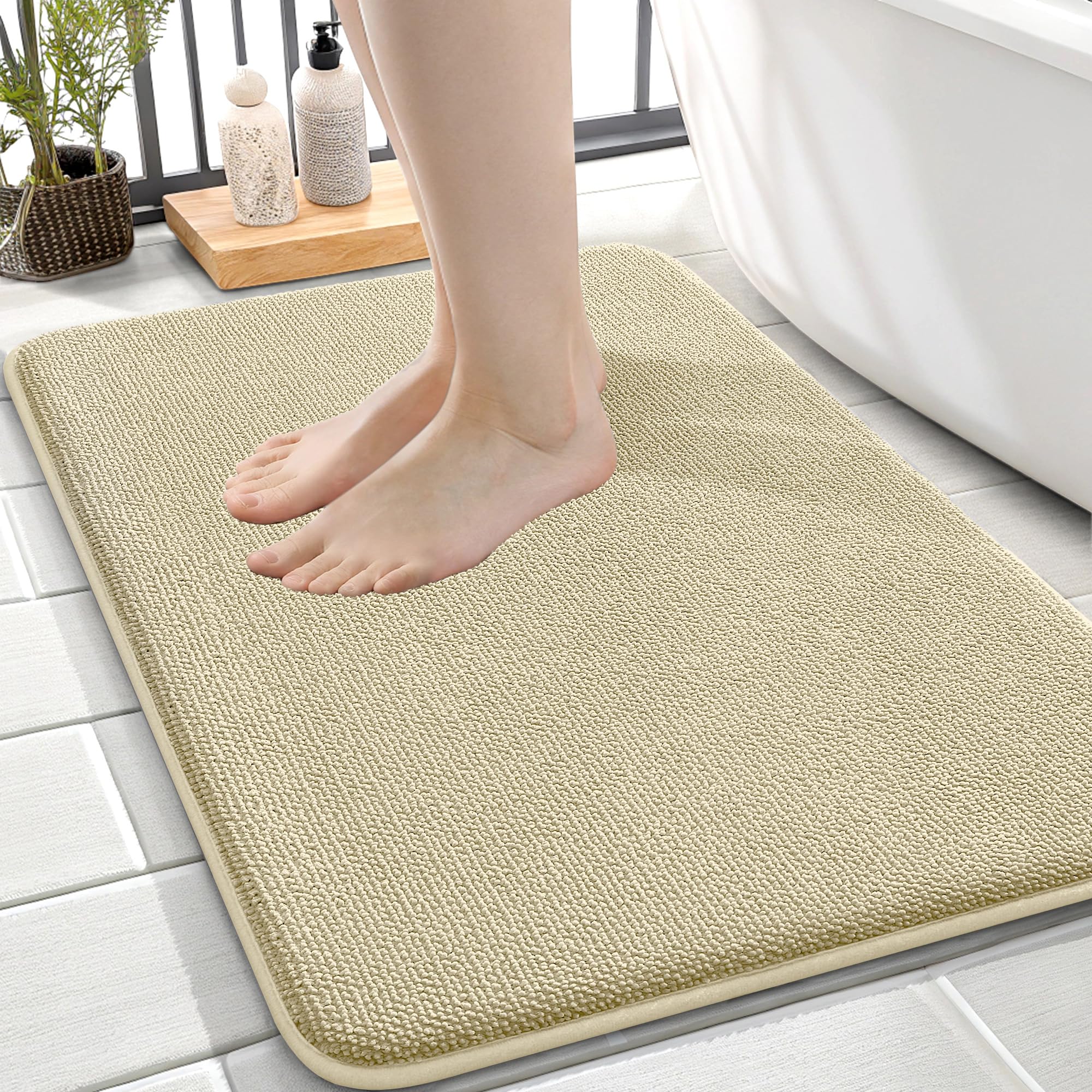 OLANLY Thick Memory Foam Small Bathroom Rug 24x16, Absorbent Bath Mat, Sand