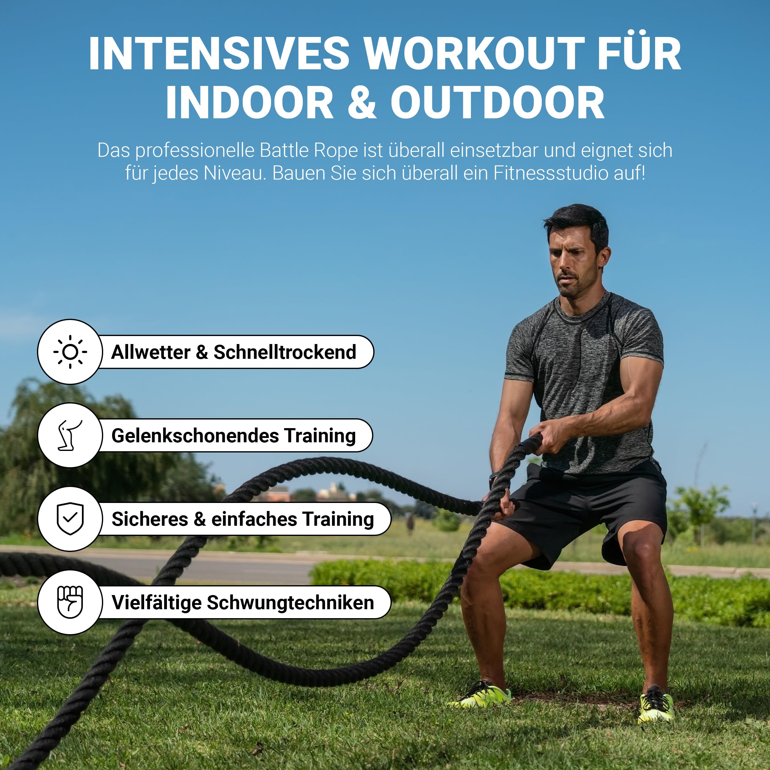 MSPORTS Battle Rope Professional Studio Qualität | Länge: 15 m | Durchmesser: 5 cm | Trainingsseil Sportseil Schlagseil Fitness Tau Schlangenseil Schwungseil