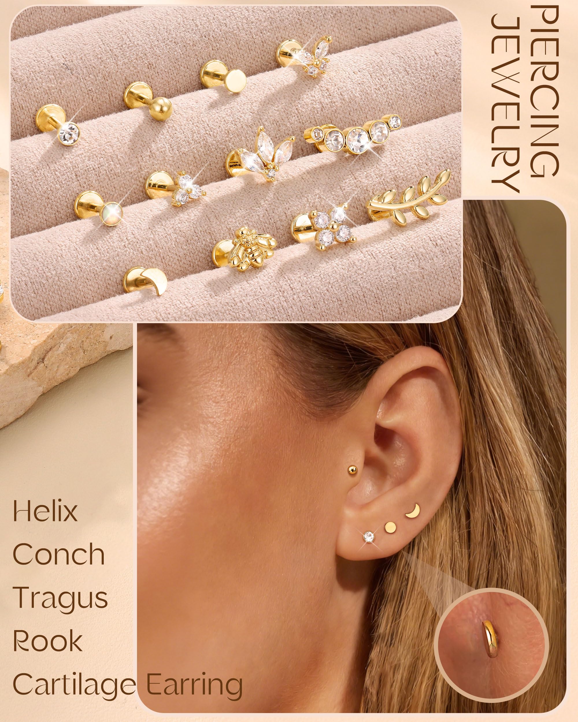 LOLIAS 16G/20G Piercing Oreja Tragus Labret Acero Quirurgico Hipoalergénico CZ Pendiente Mujer Pequeño Conch Helix Labio Oro/Plata