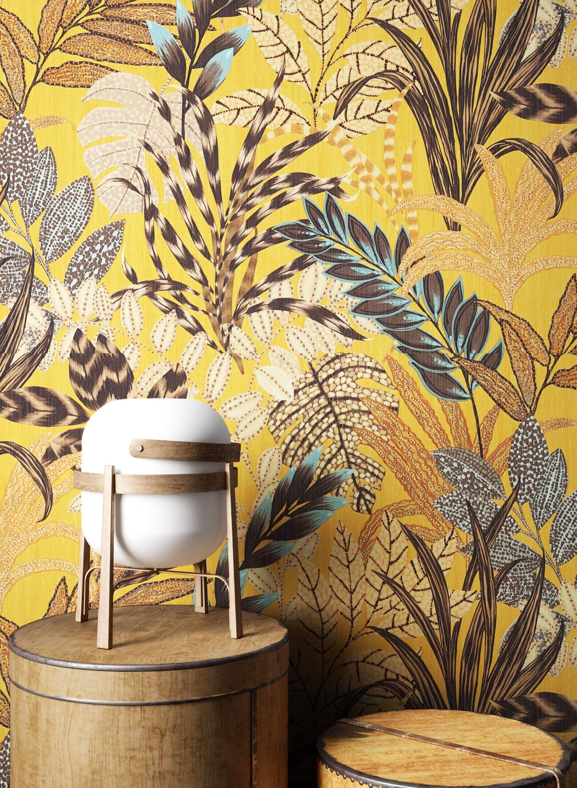 Carta Da Parati Giungla Tropicale - Tessuto Non Tessuto, Motivo Palme E Foglie, Beige/Marrone