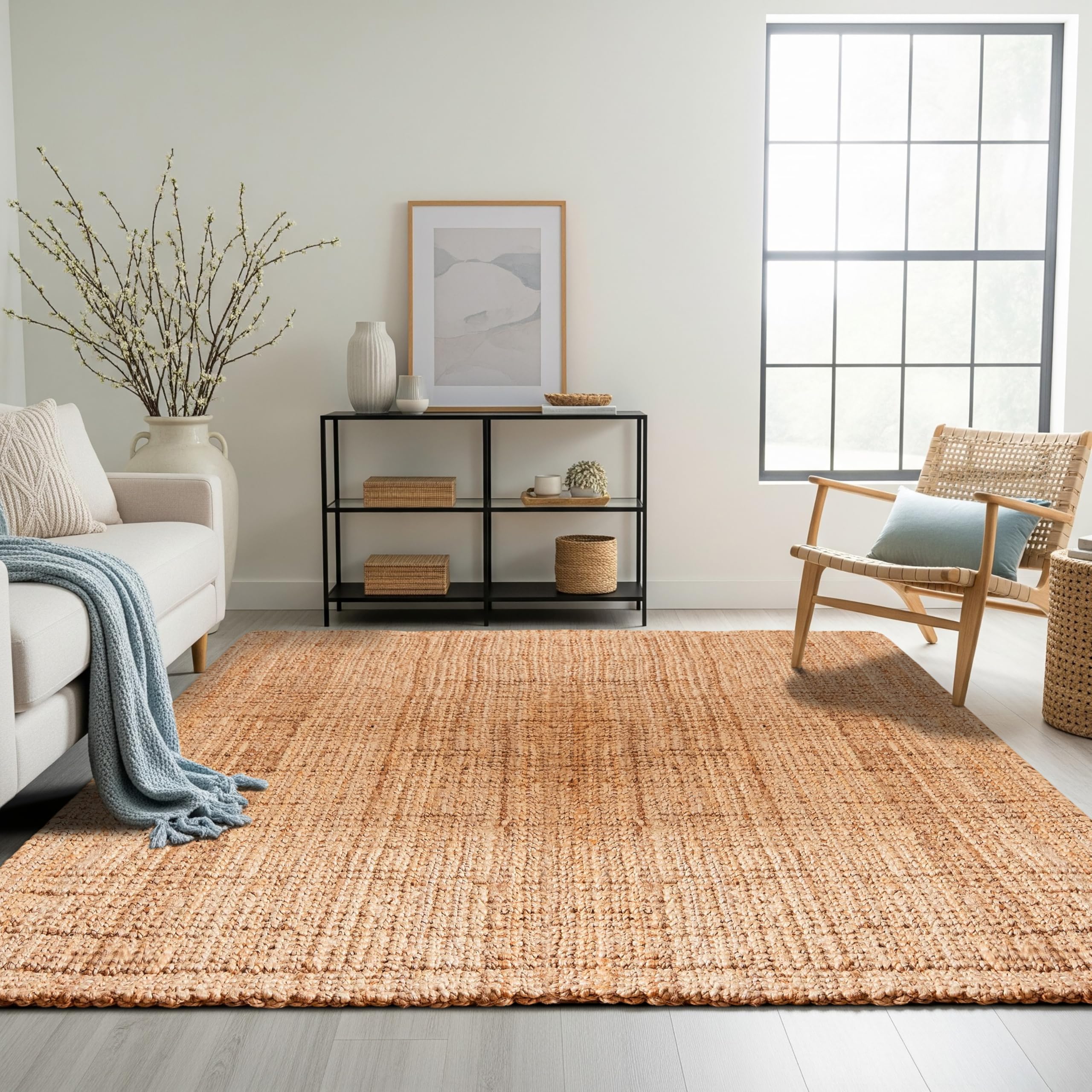 Delara Hand Woven 100% Jute Area Rug, Bohemian, Rustic, Easy Clean Tightly Woven Natural Fiber Jute Rug, Non-Slip, Ideal for High Traffic Areas in