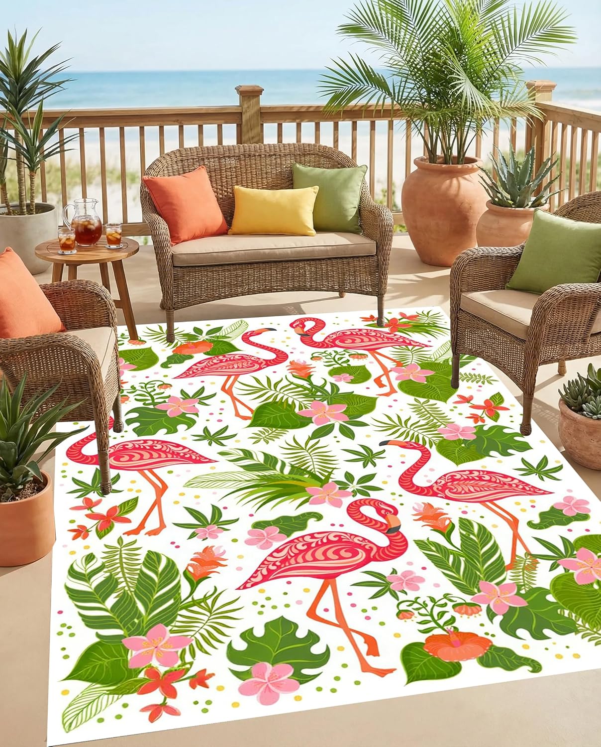 5x7 Pink Green Modern Floral Tropical Outdoor Patio Rug Waterproof Washable Non-Slip Outside Rugs for Balcony Porch Deck Garden Durable Reversible Mat with Flamingo and Flower Pattern