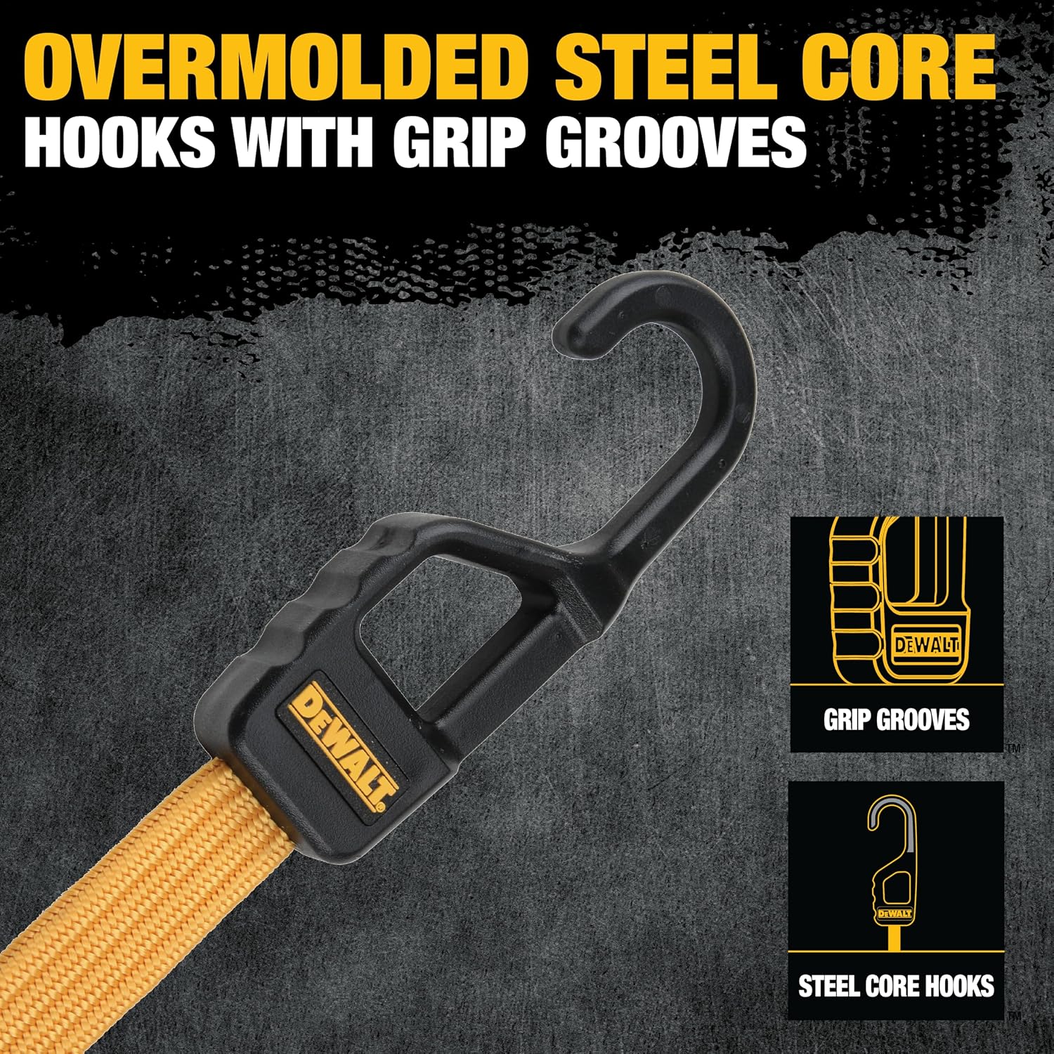 DEWALT 36" Premium Flat Bungee Straps, Interlocking Quick-Pull Notch, 4-PK | Non‑Scratch Steel‑Core Hooks with Quick‑Pull Notch & Interlocking Grip for Stretching & Securing Lightweight Gear & Cargo