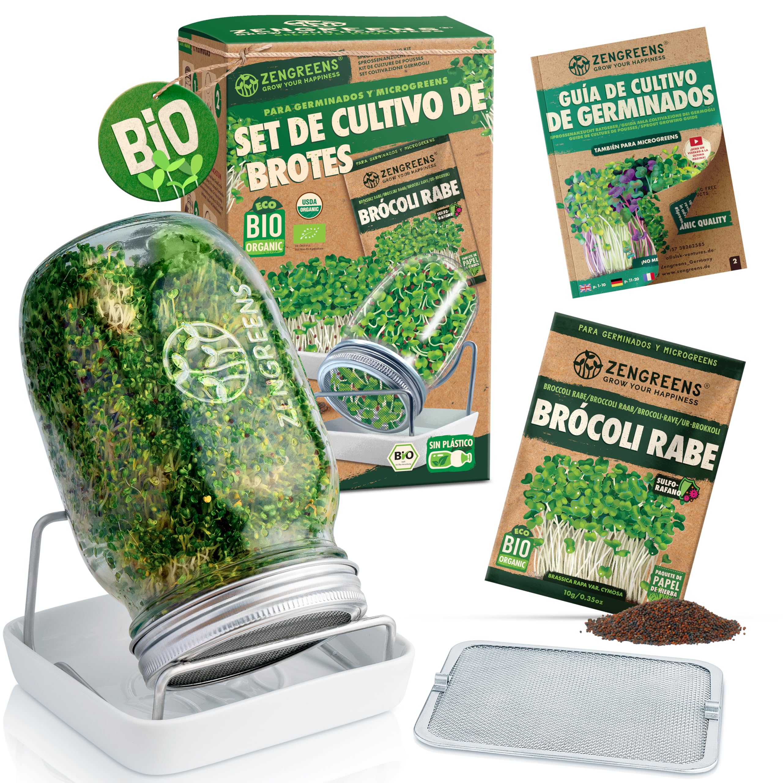 zengreens® Kit de Cultivo de brotes Bio - Set de 1, 2 o 3 tarros de germinación - Incluye Tarro germinador, Bandeja de Cultivo y Semillas para brotes - Incl. guía y videocurso Online