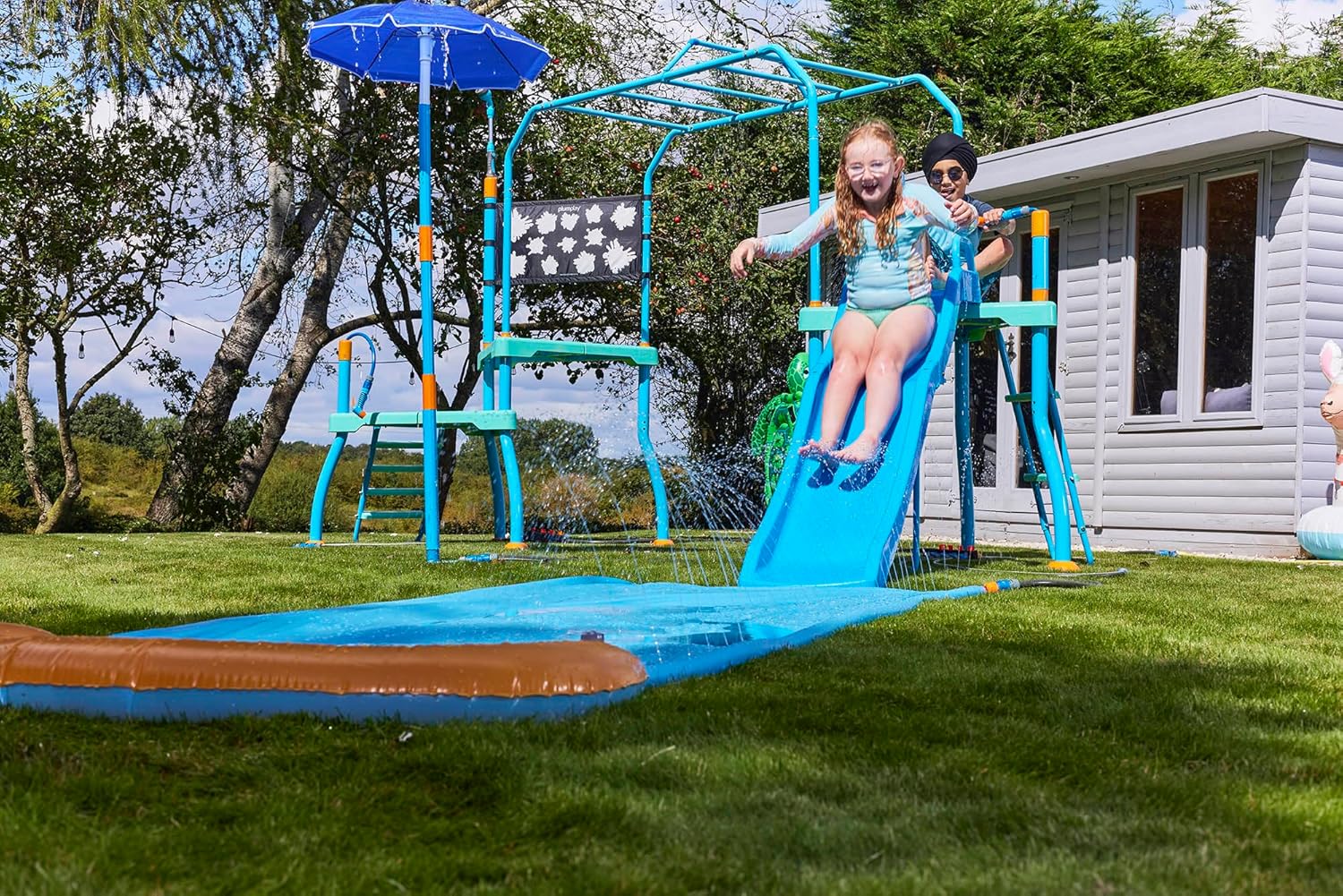 Plum Play Kids Water Slide Outdoor Play Equipment - Toddler Water Toys, Water Gun, Monkey Bars, Sprinkler for Kids, Dump Bucket, Backyard Waterpark with Splash, 3yrs+, Up to 110 lbs (Blaster Course)
