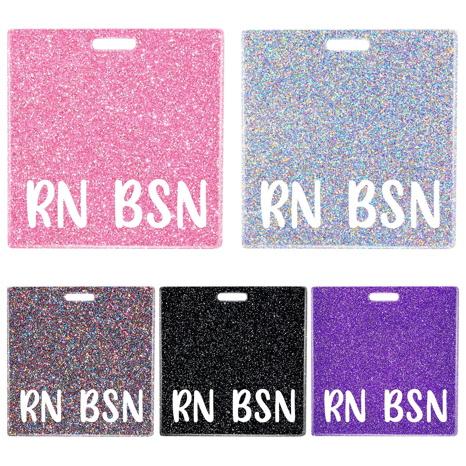Toykee 5 PCS RN BSN Badge Buddy Card Holder - Nurse Nursing Accessories Glitter Pink Black Colors Purple Sliver Horizontal ID Name Identification Tags