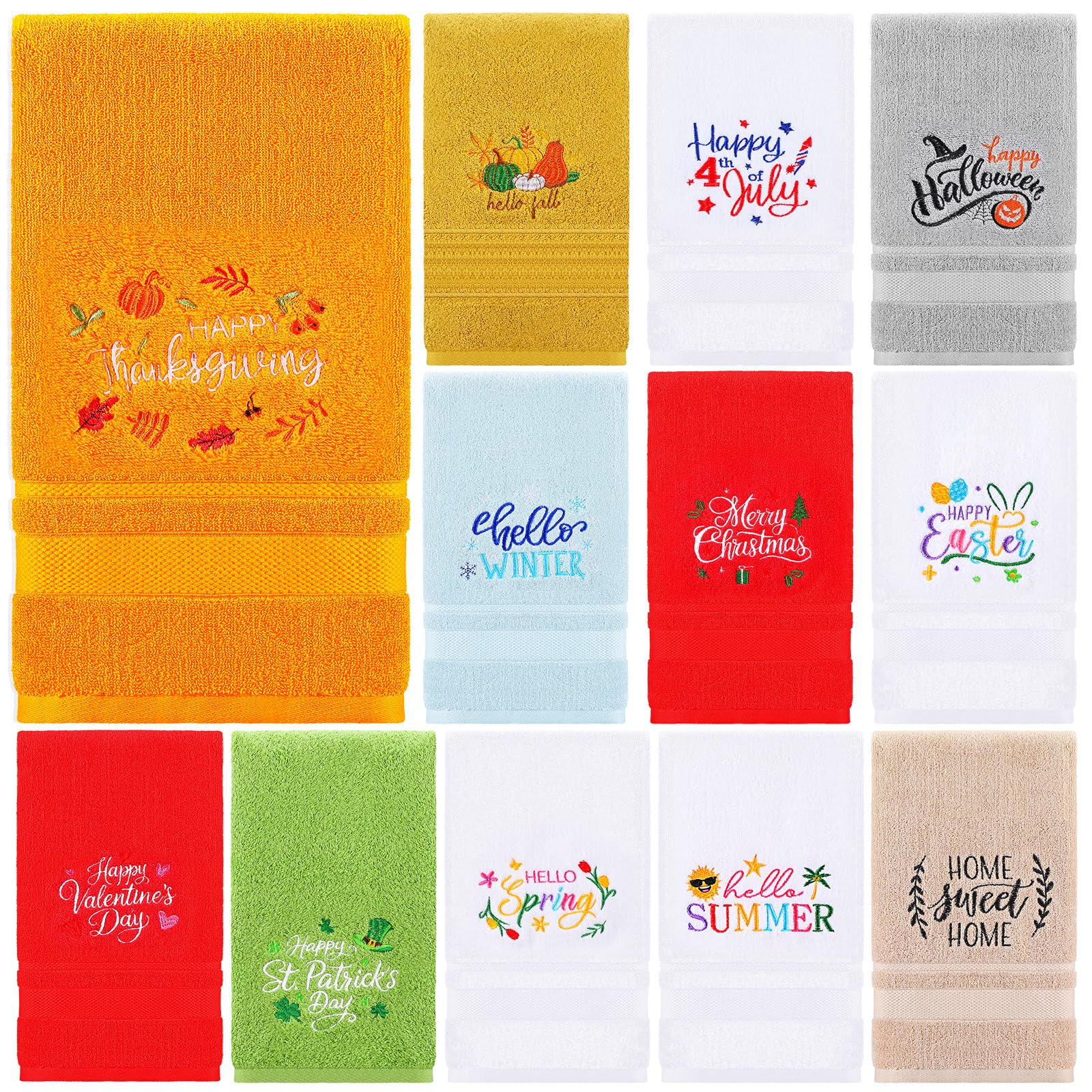 Mindsoft 12 Pcs Seasonal Holiday Bath Towels Embroidered Cotton Hand Towel