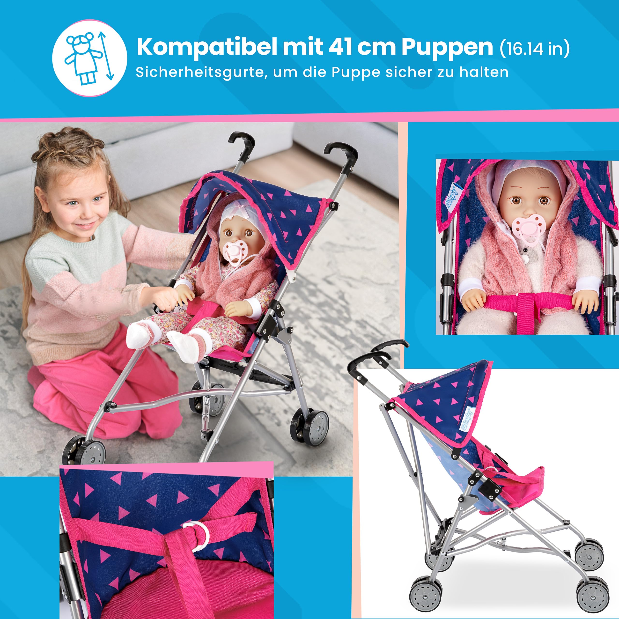 Kinderplay wózek dla lalek, wózek spacerówka – lekka stabilna konstrukcja, wysokość do rączki 54 cm model KP0290T