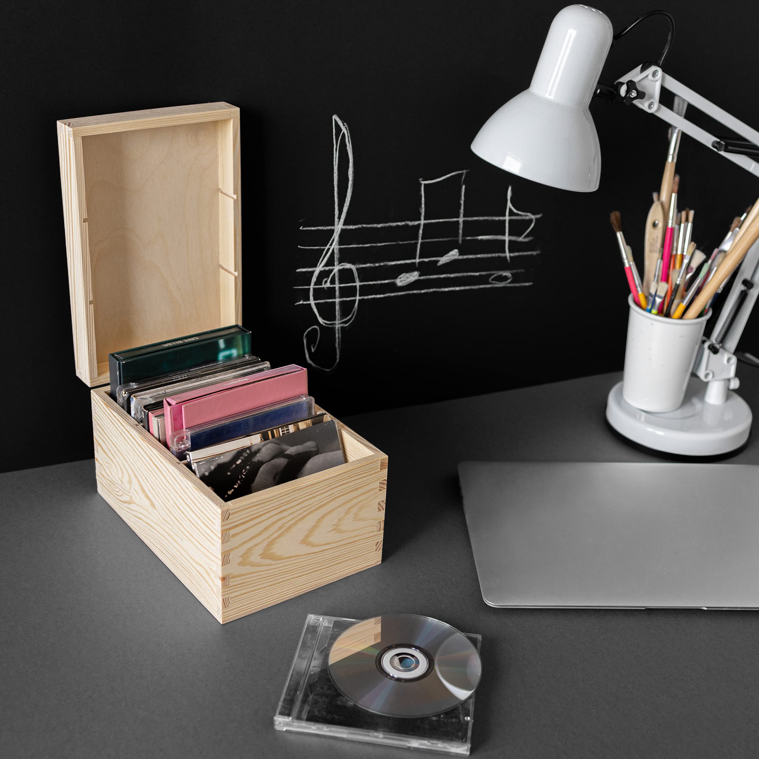 Creative Deco Boite Rangement en Bois pour CD et DVD | 16 x 24 x 14 cm | 3 Compartiments | avec Couvercle et Sans Poignées | Non-Peint et Non-Fini | Boîte Organiseur Bureau Coffre Malle Noël