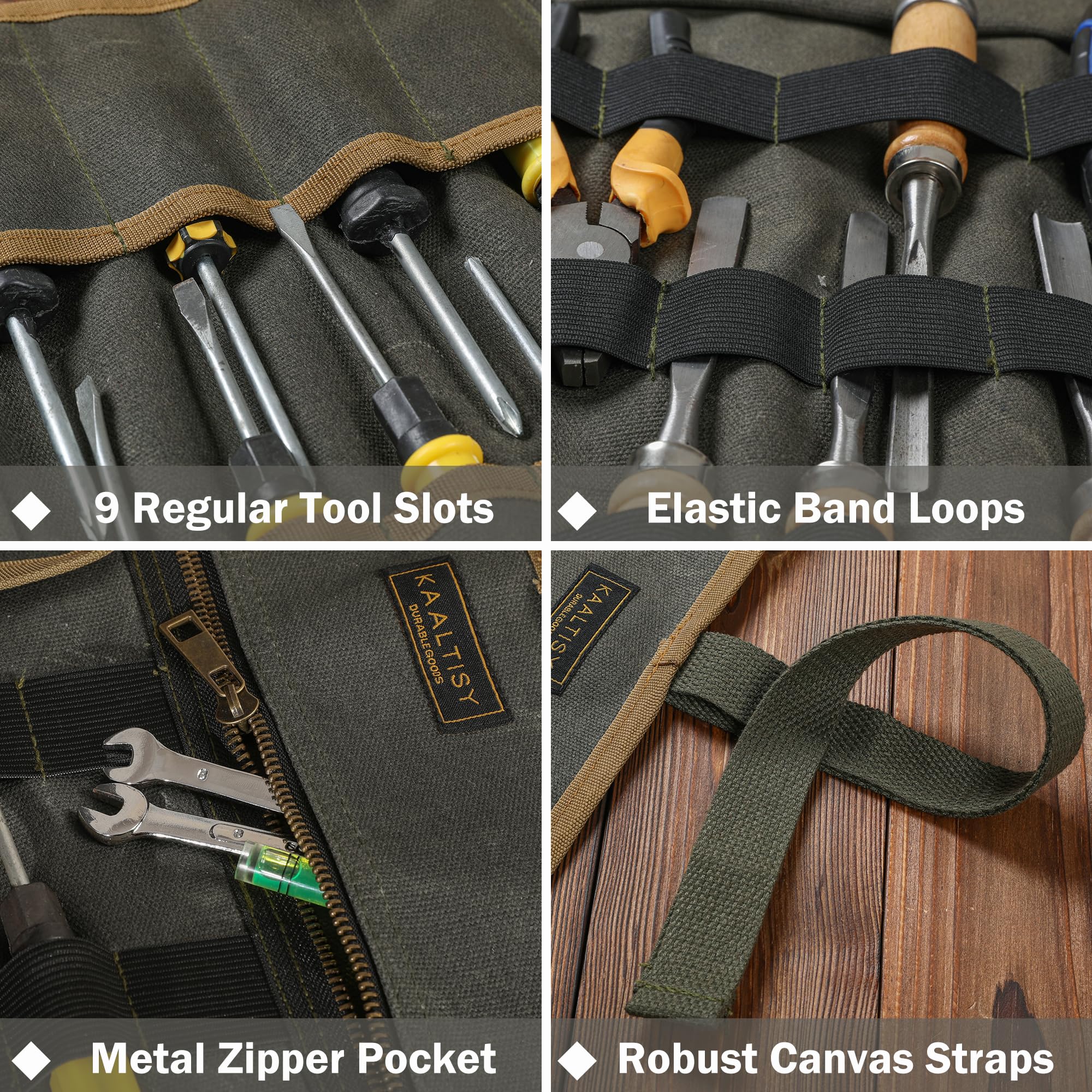 Sac à outils enroulable en toile cirée, 453,6 g – Rouleau de rangement pour outils multifonction avec 9 emplacements, 1 poche zippée et bande élastique, pour électricien, entrepreneur, réparateur,