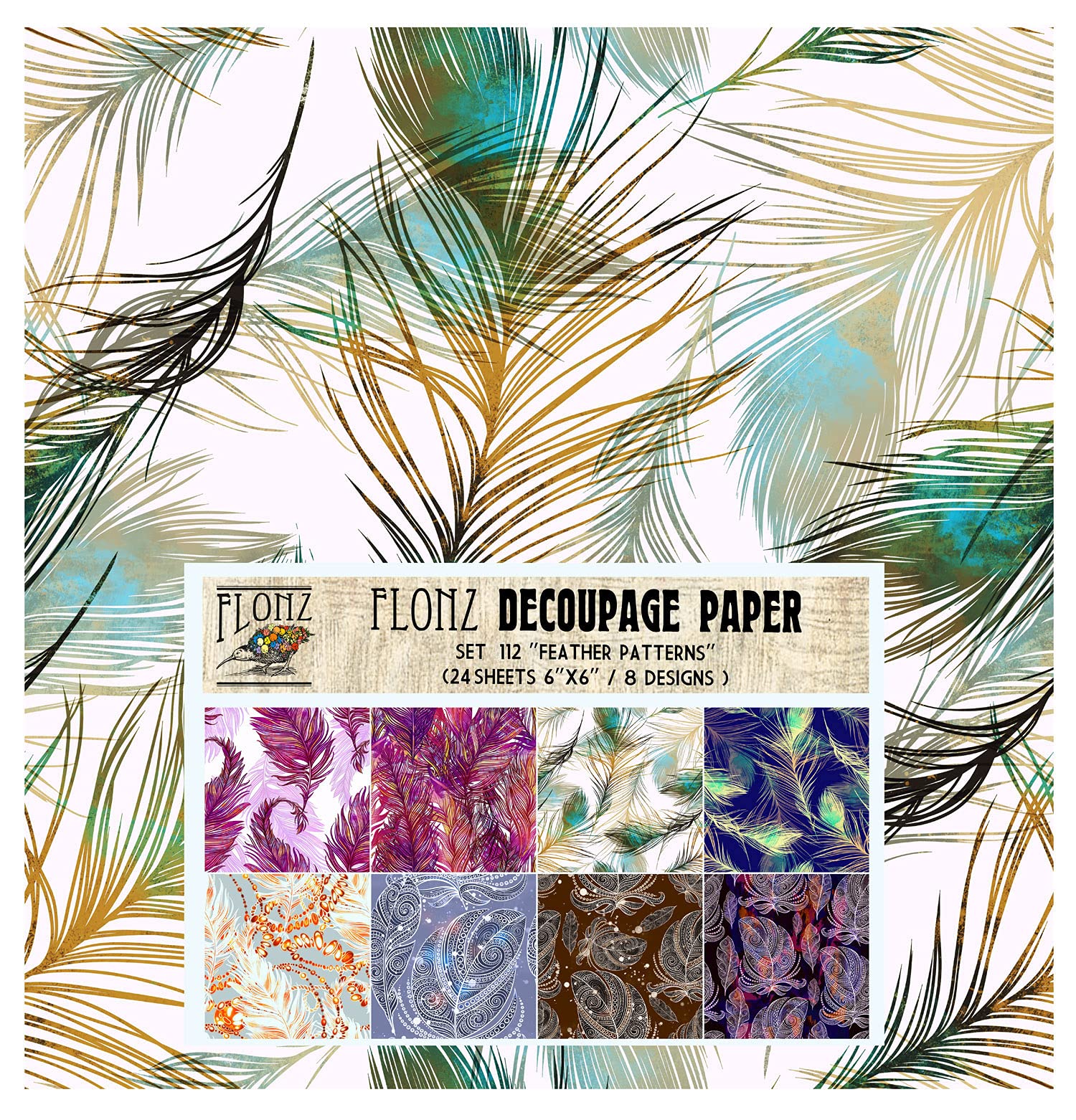 Decoupage Paper Pack (24 Sheets 6"x6") Peacock Feathers FLONZ Vintage Styled Seamless Pattern Paper for Decoupage, Craft and Scrapbooking