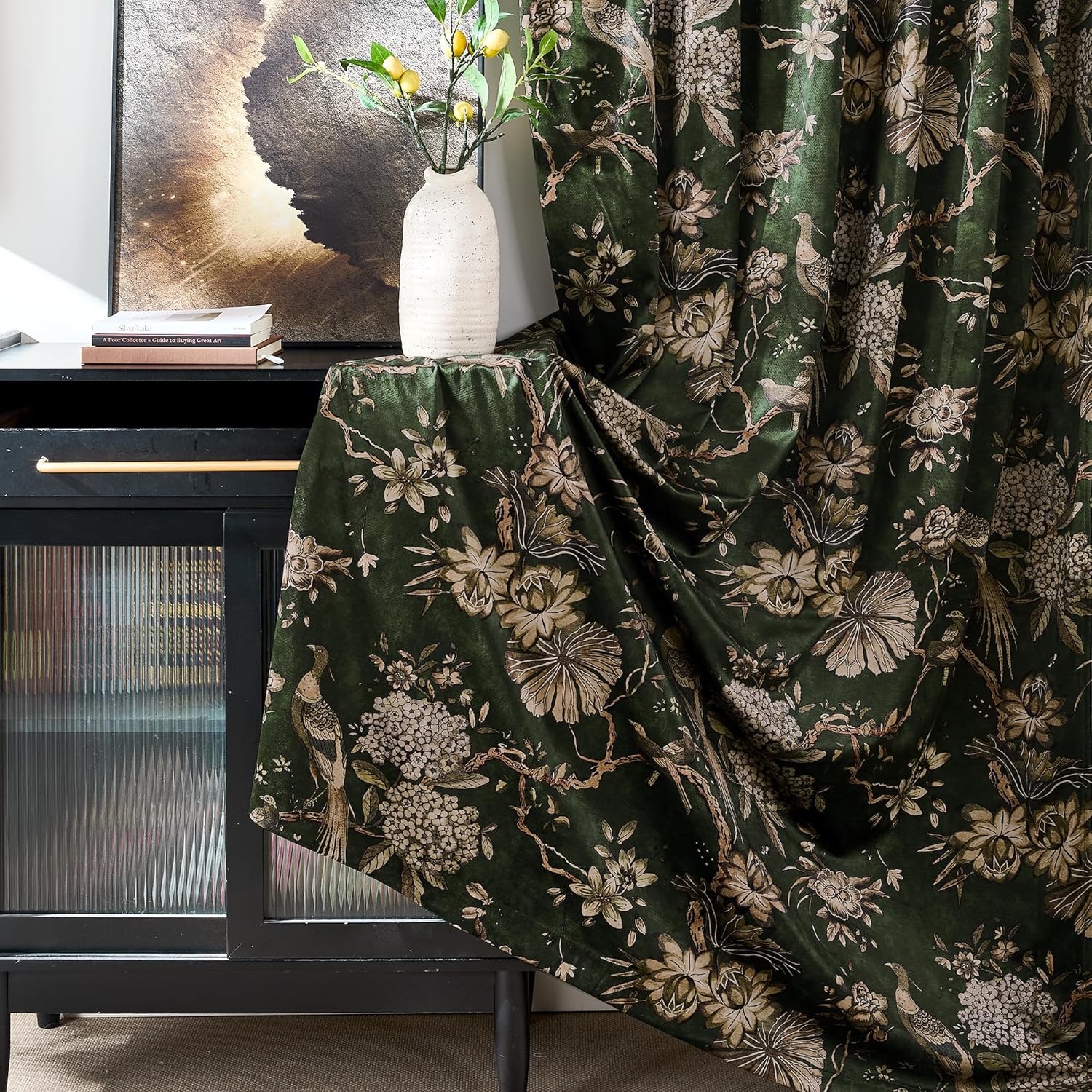 StangH Botanical Floral Curtains for Living Room,Christmas Printed Peacock Velvet Drapes Privacy Thermal Insulated Window Treatment with Luxury Retro Design,W52xL90,Green,2 Panels