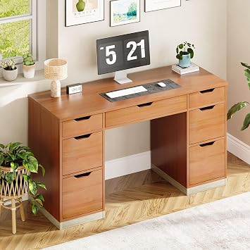 MaverickFurni 54 Inch Executive Desk with Storage Drawers, Wood Computer Desk with 7 Drawers and File Cabinet for Home Office, Bedroom, Workspace for Work Study Writing, Brown