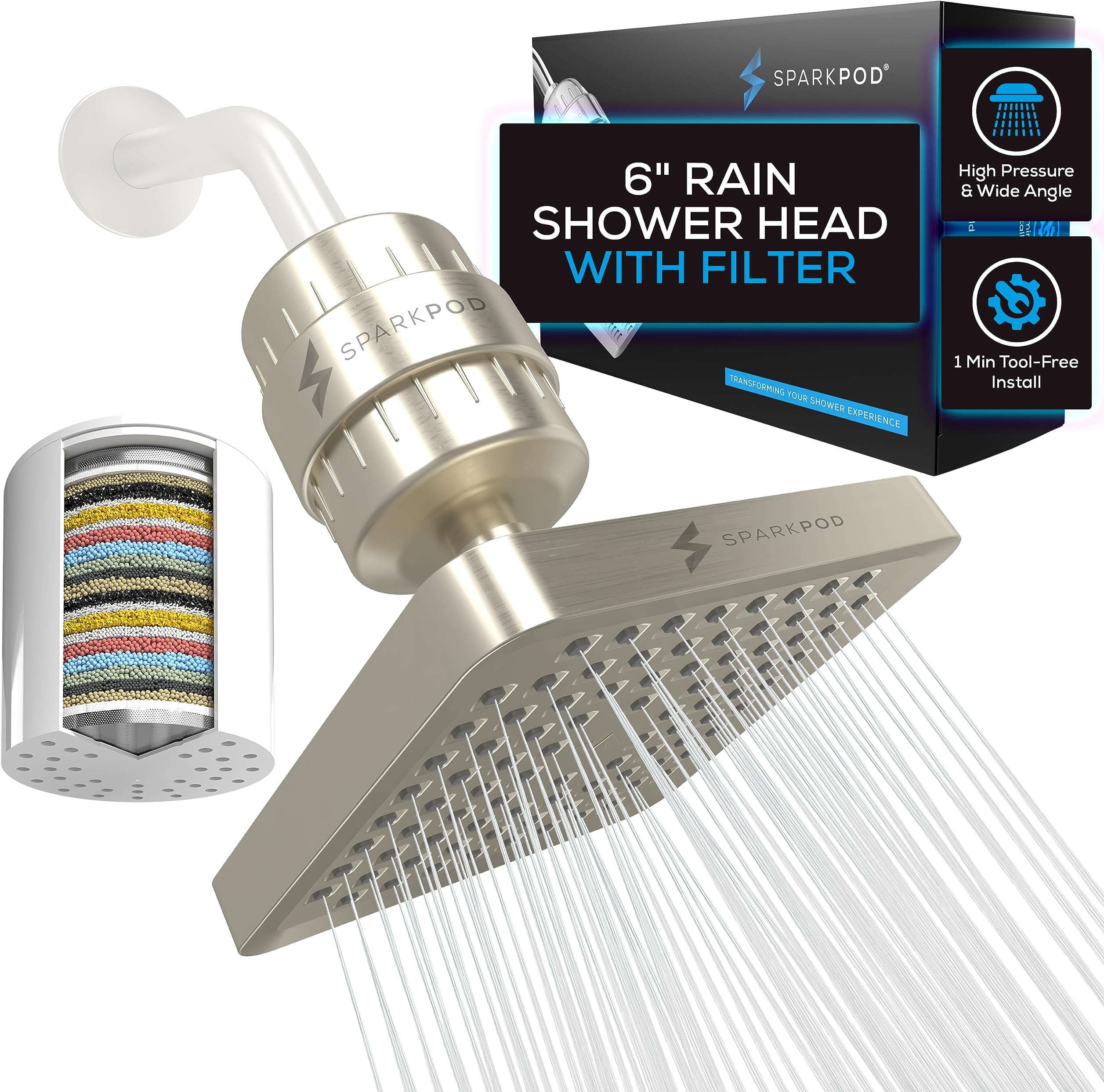 Luxury Filtered Shower Head Set 23 Stage Shower Filter - Reduces Chlorine and Heavy Metals - High Pressure Showerhead Filter (6" Square, Elegant Brushed Nickel)