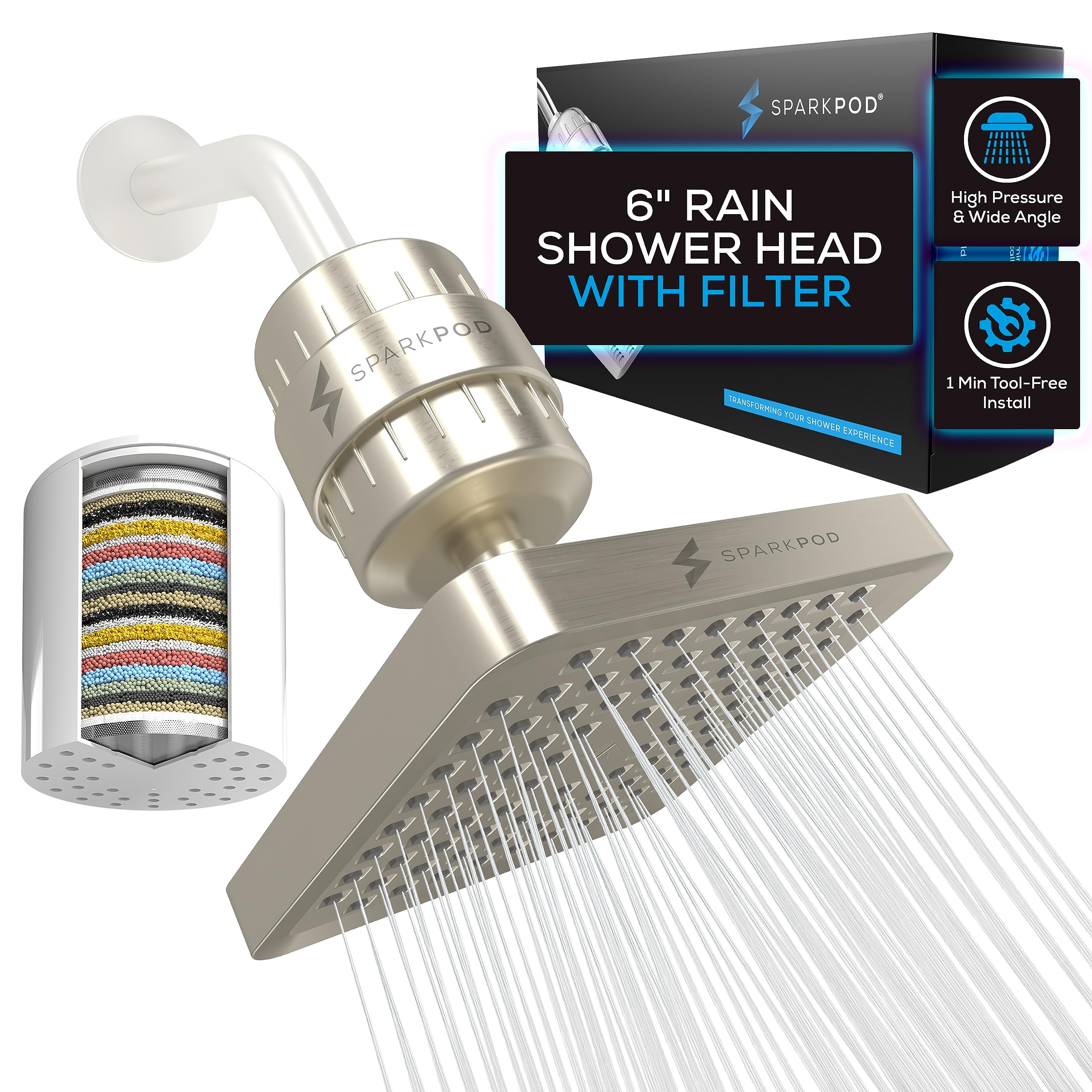 SparkPod Luxury Filtered Shower Head Set 23 Stage Shower Filter - Reduces Chlorine and Heavy Metals - High Pressure Showerhead Filter (6" Square, Elegant Brushed Nickel)