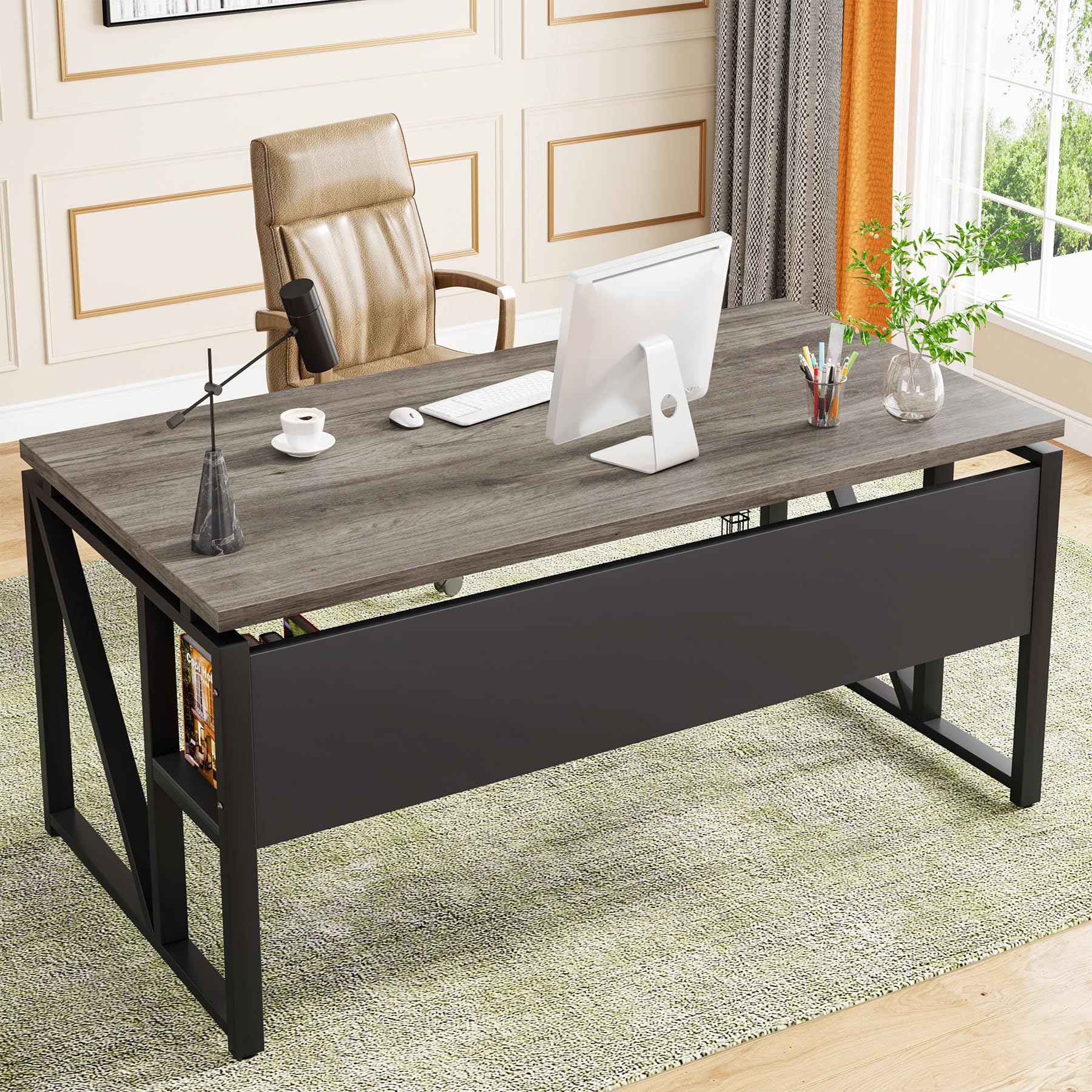 Full view of the Tribesigns 55-inch computer desk in Dark Oak