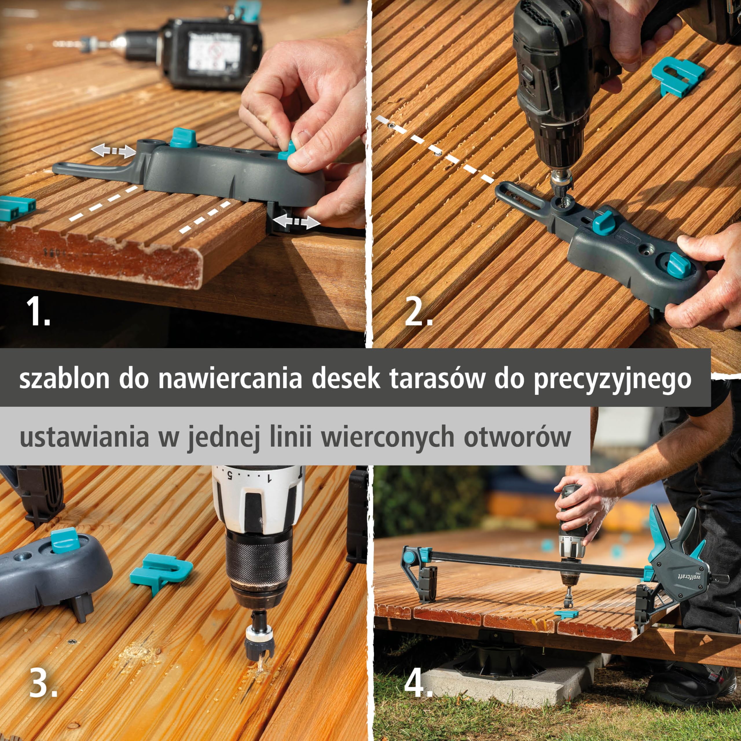 wolfcraft Zestaw do budowy tarasów PRO ERGO, 11-częściowy – kompletny zestaw do równomiernego montażu desek tarasowych – zacisk montażowy, element dystansowy, pomoc w wierceniu, wiertło wstępne z