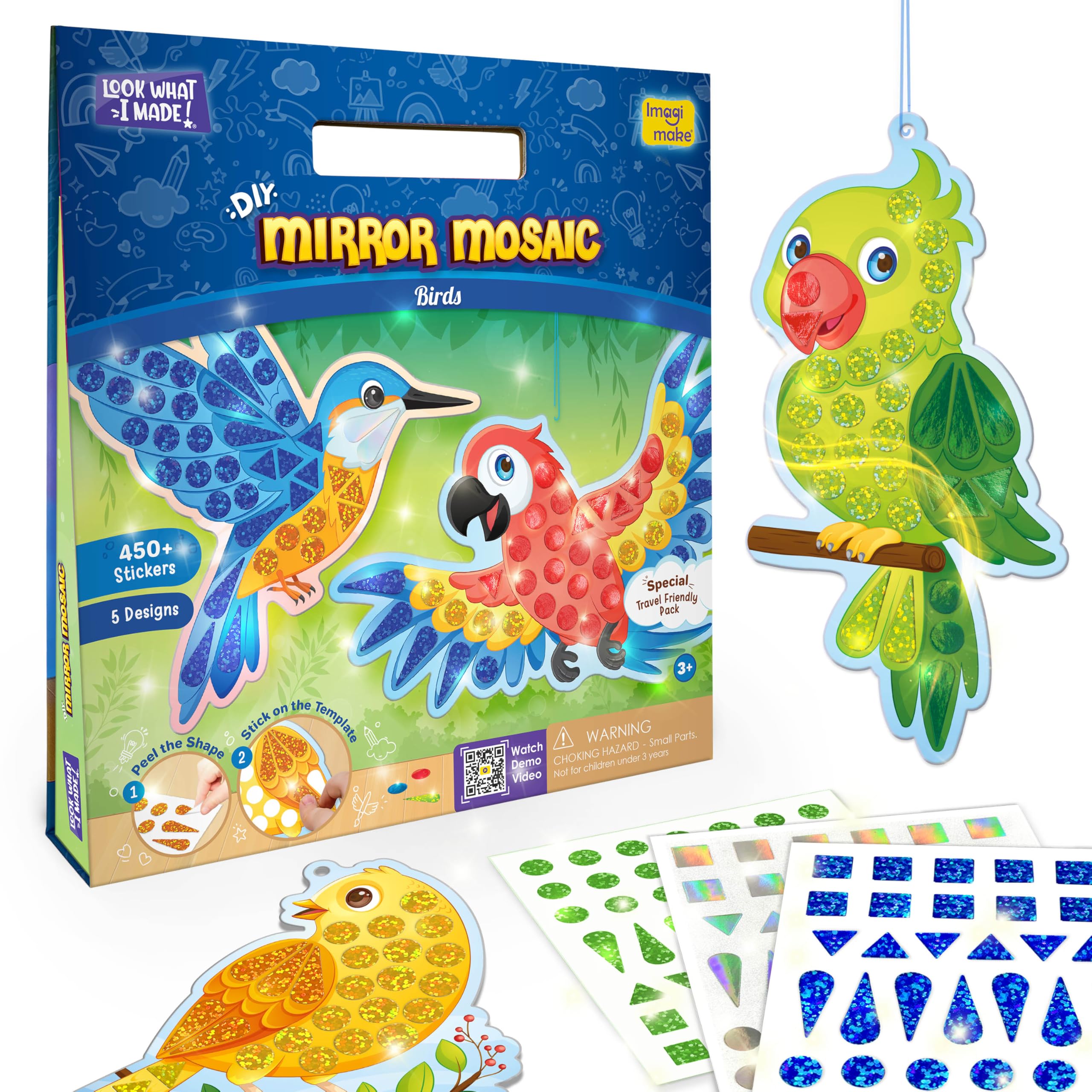 Imagimake Boys Rainbow/Multi-Colored Mirror Mosaic - Birds | 5 Templates, 450+ Stickers | Diy Dot Art Set | Craft Kits For Ages 3-5 | Mess Free Kids Travel Activities | 3,4,5,6,7 Year Old Girl Birthday Gift