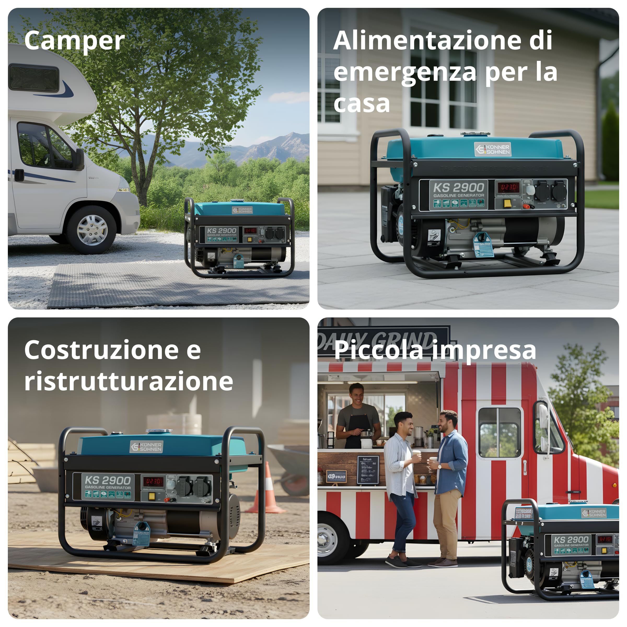 Generatore a benzina KS 2900 con una potenza massima di 2900 W, 2x16A (230 V), 12 V, indicatore di basso livello dell'olio, protezione da sovraccarico e cortocircuito, display