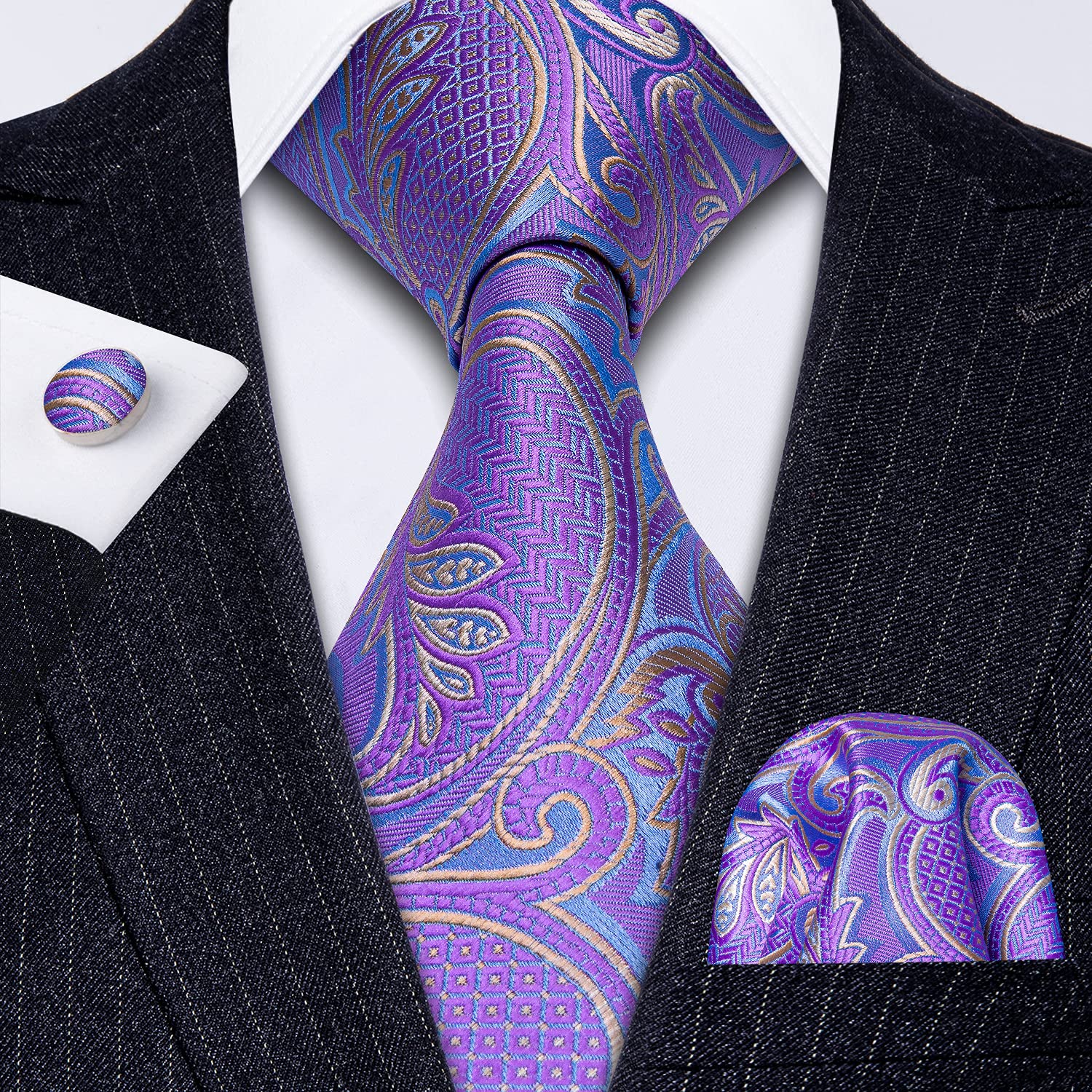 Conjunto de corbata floral de cachemira para hombre, corbata de seda con bolsillo, gemelos cuadrados formales, bodas, fiestas, negocios, 02 morado claro, Talla única 3