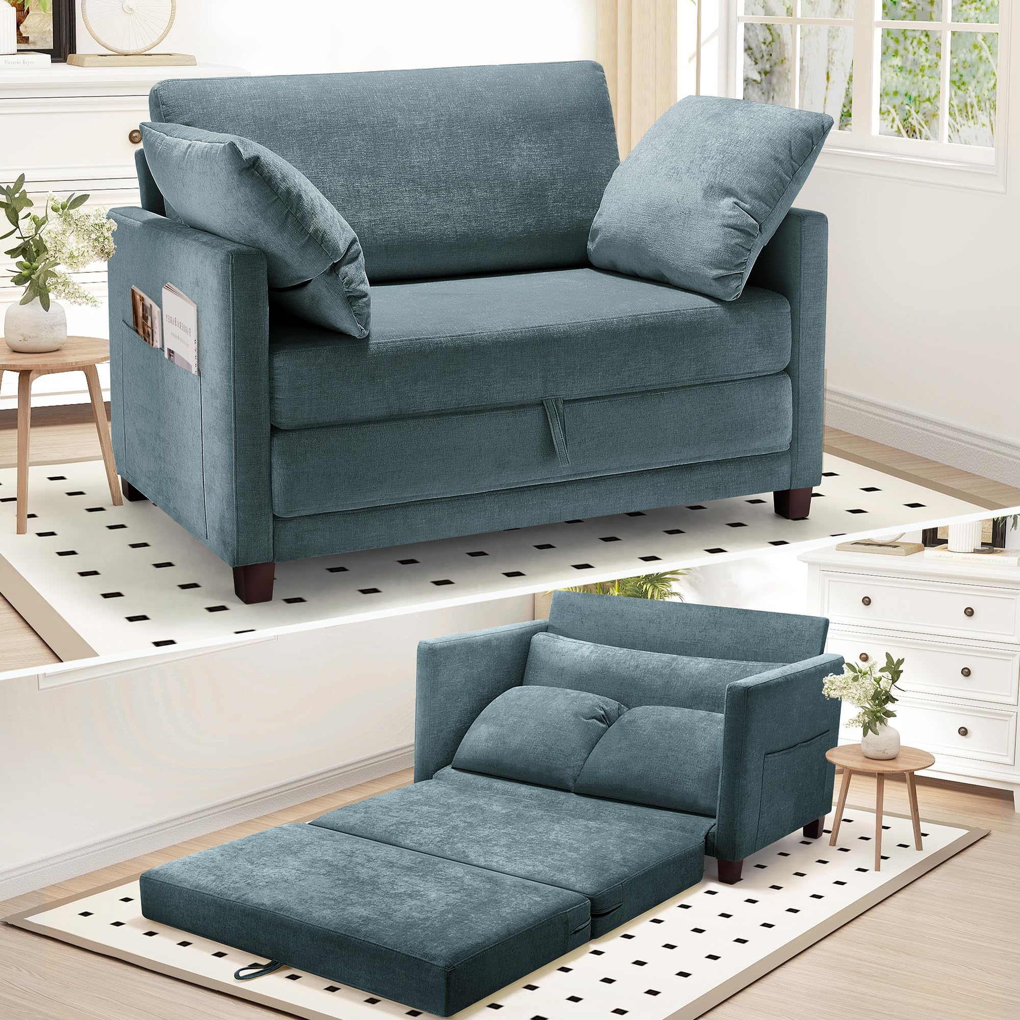 Myroyalsit 51" Convertible Loveseat Sofa Bed, 2-in-1 Folding Sofa Bed with 2 Pillow for Small Spaces, Modern Loveseat Sleeper Couch for Apartment, Living Room & Guest Room (Light Blue)