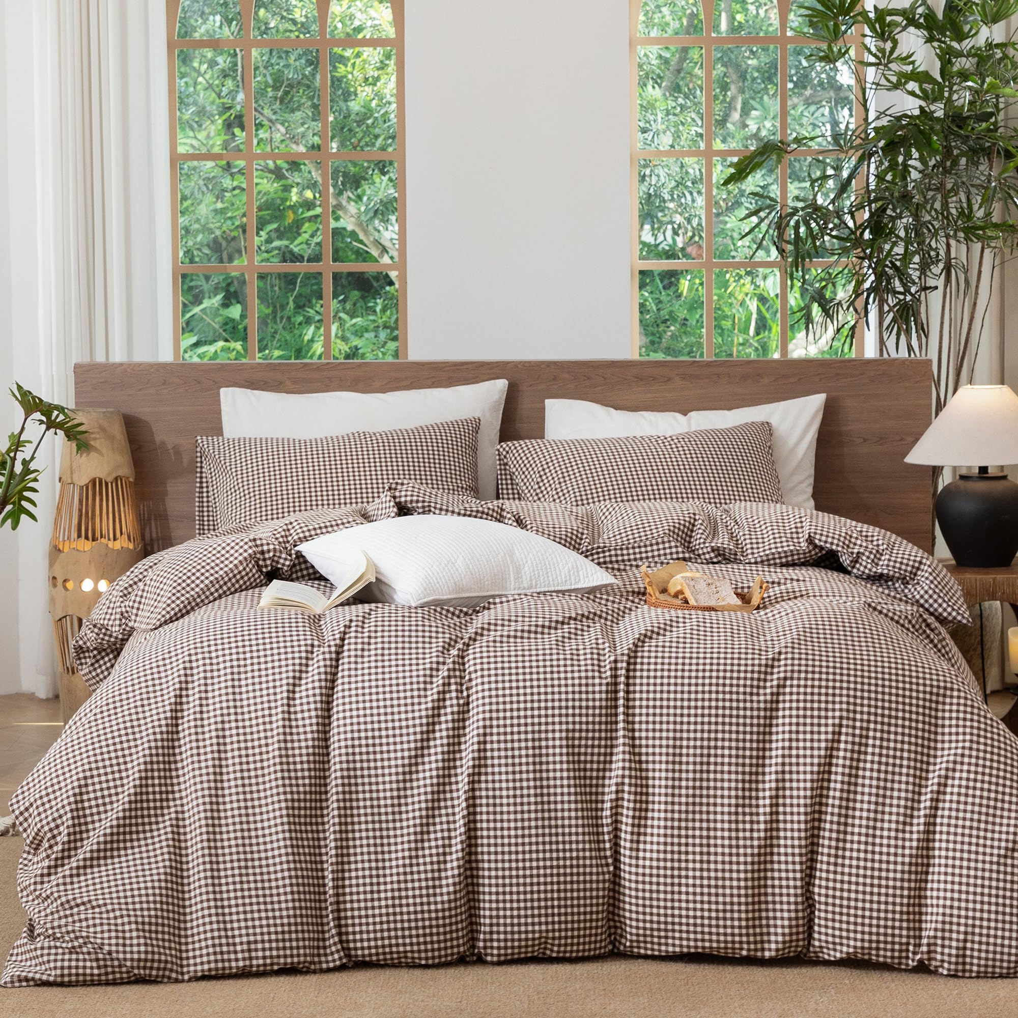 MooMee Gingham Duvet Cover Set 100% Washed Cotton Linen Like Queen