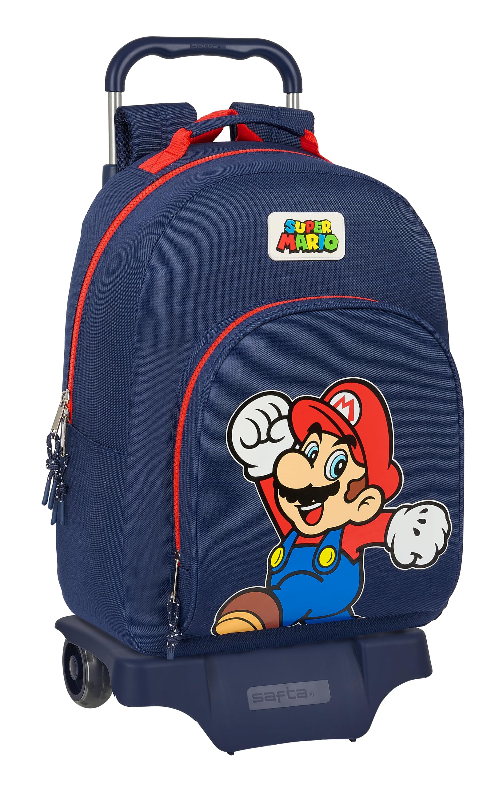 Safta SUPER MARIO WORLD - Mochila Infantil, Modelo 305 con Carro 905, Tejido Reciclable, Ideal para Niños de Diferentes Edades, Cómoda y Versátil, 32x15x42 cm, Color Azul marino