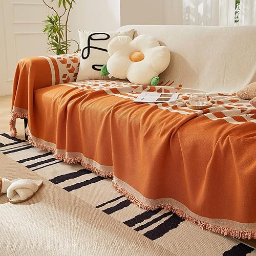 Miniatura 9 de STACYPIK Funda de sofá duradera con patrón de cuadrícula naranja, fundas de sofá bohemias en forma de L, protector de muebles para sofá de 3