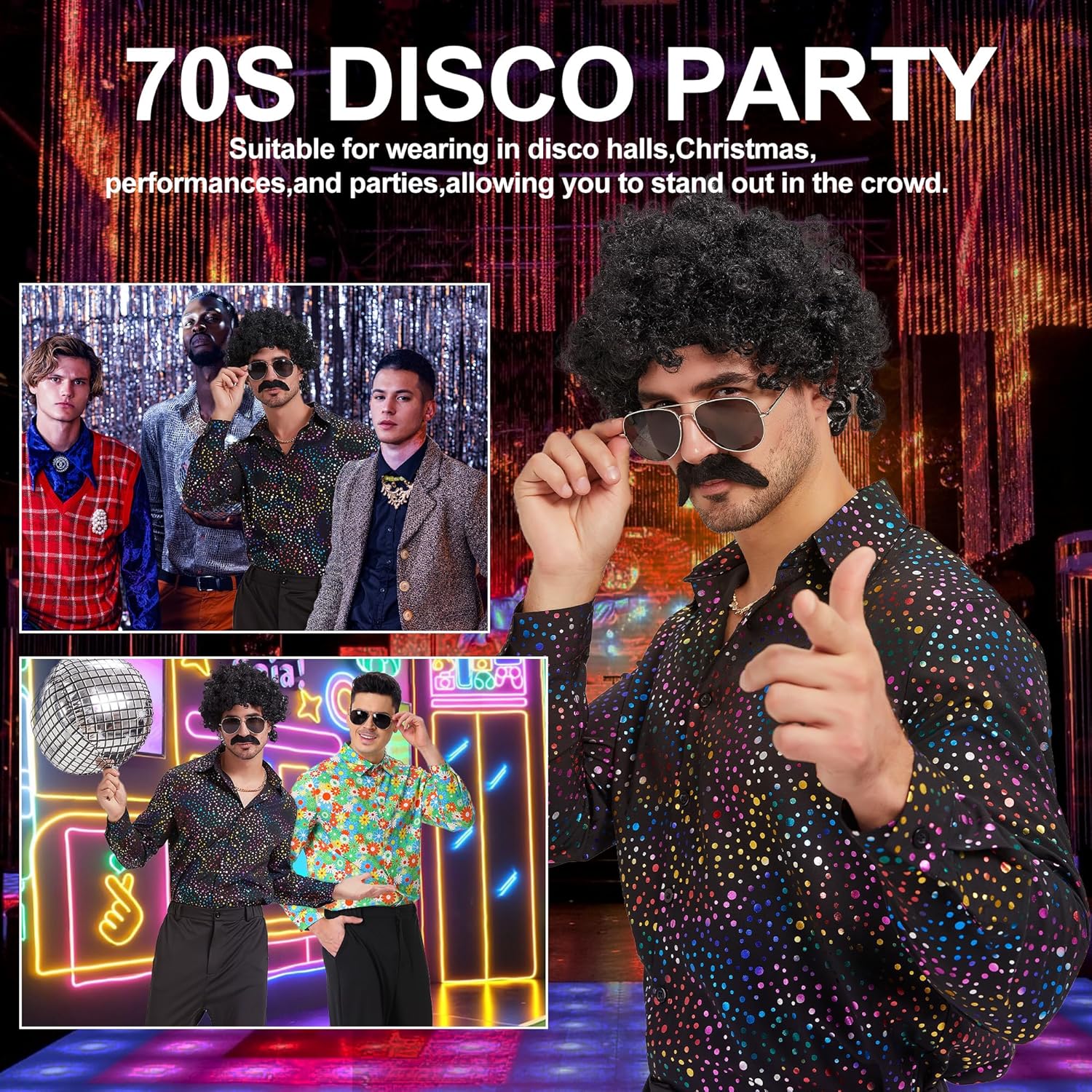 70s Disco Outfit for Men 70s Costume with Retro Shirt Bell Bottom Pants Wig Sunglasses Necklace Mustache - Image 6