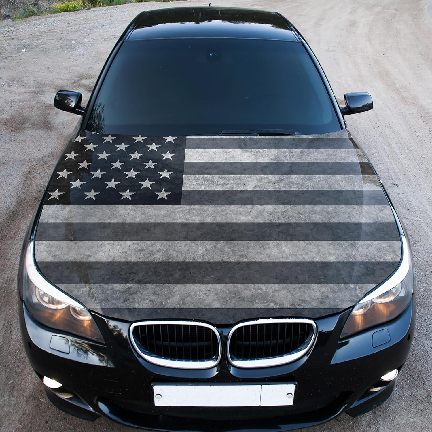 Weathered American Flag Car Hood Wrap – Custom Vinyl Graphic Decal for Cars, Trucks & SUVs – Glossy Laminated Vinyl