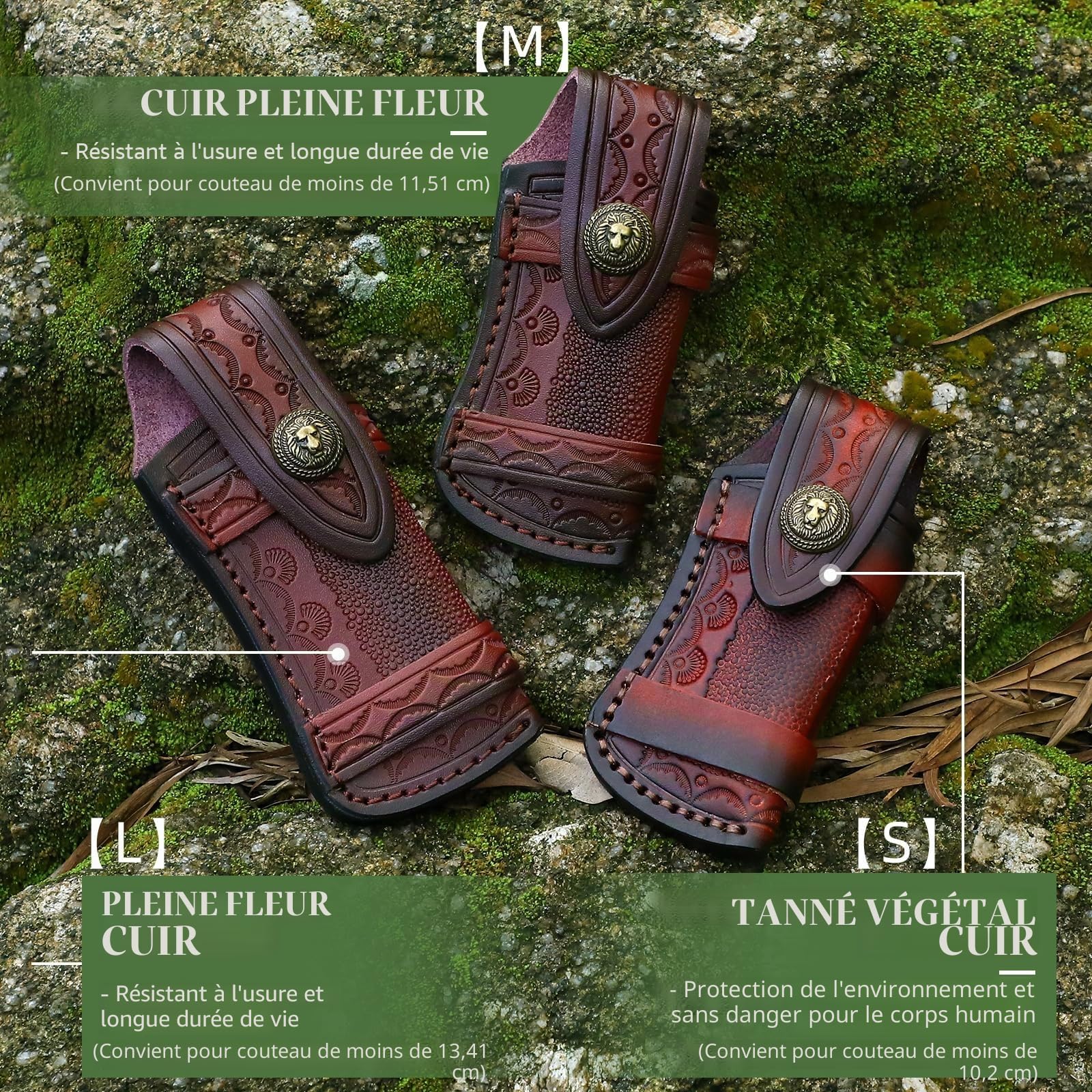 Omesio Fourreau Couteau Cuir Véritable 9 à 13,4 cm Étui Ceinture Horizontal | Compatible avec les couteaux pliants jusqu'à 13,4 cm, port horizontal pratique pour un accès rapide et sécurisé.