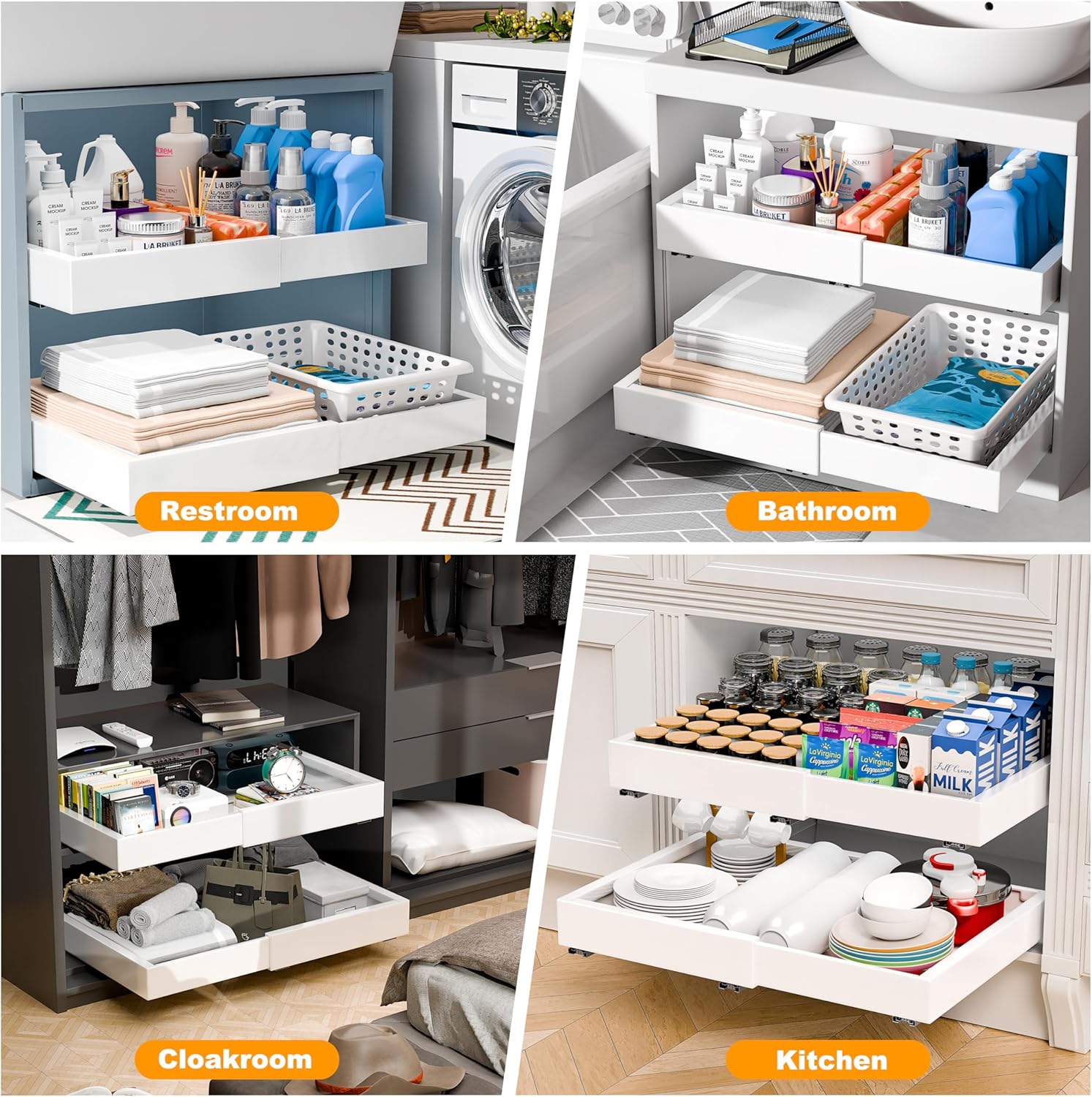 2 Pack Pull Out Cabinet Organizer Expandable, Adjustable Width 12.6"-20.6", Slide Out Drawers and Roll out Drawer for Pots and Pans, Adhesive No Drill Screw (White ND1)