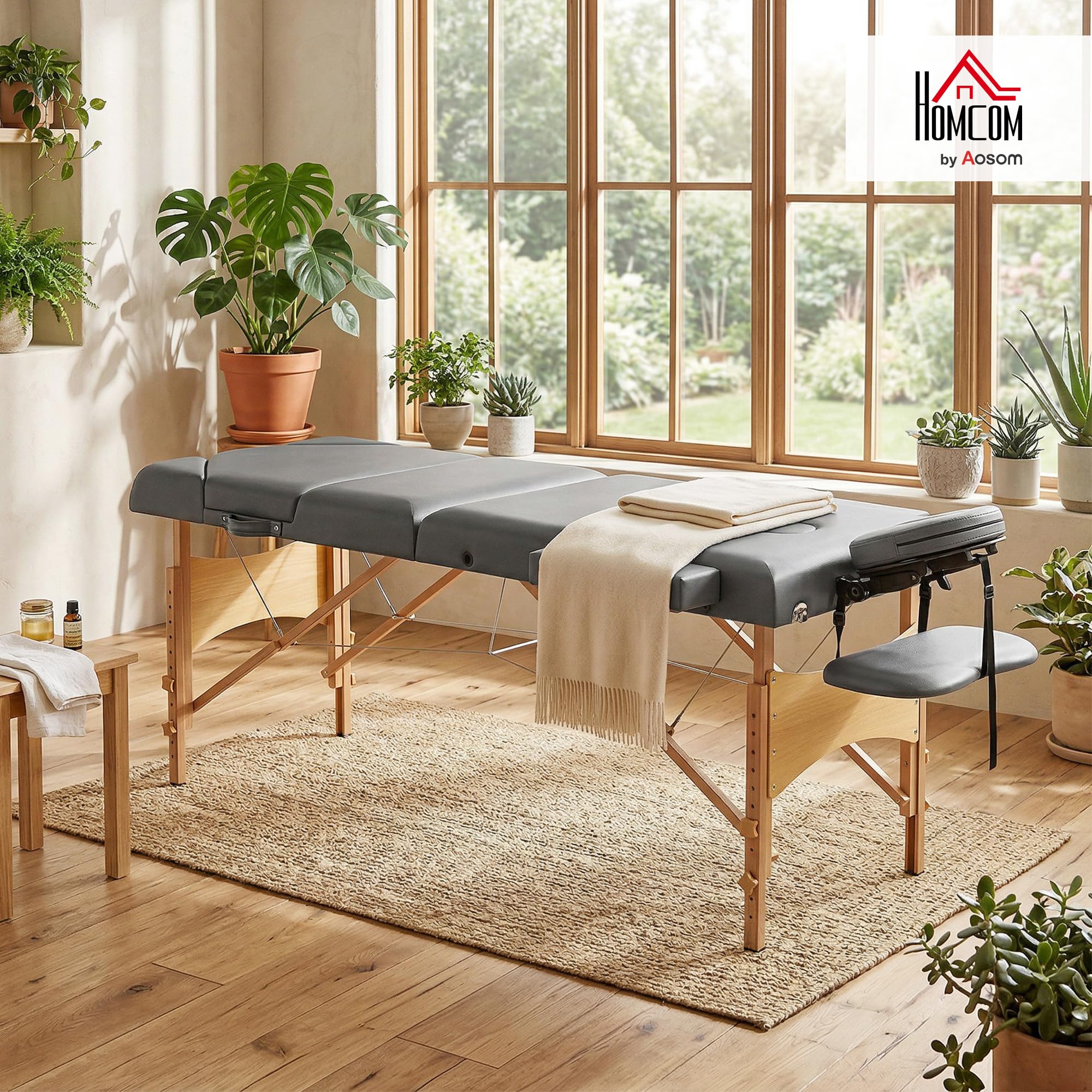HOMCOM Table de Massage Pliante, lit de Massage 3 Zones Portable 185 x 60 cm, Hauteur et Dossier réglables, Appui-tête, accoudoirs, Repose-Bras, Table esthétique Tatouage en Bois de hêtre, Gris