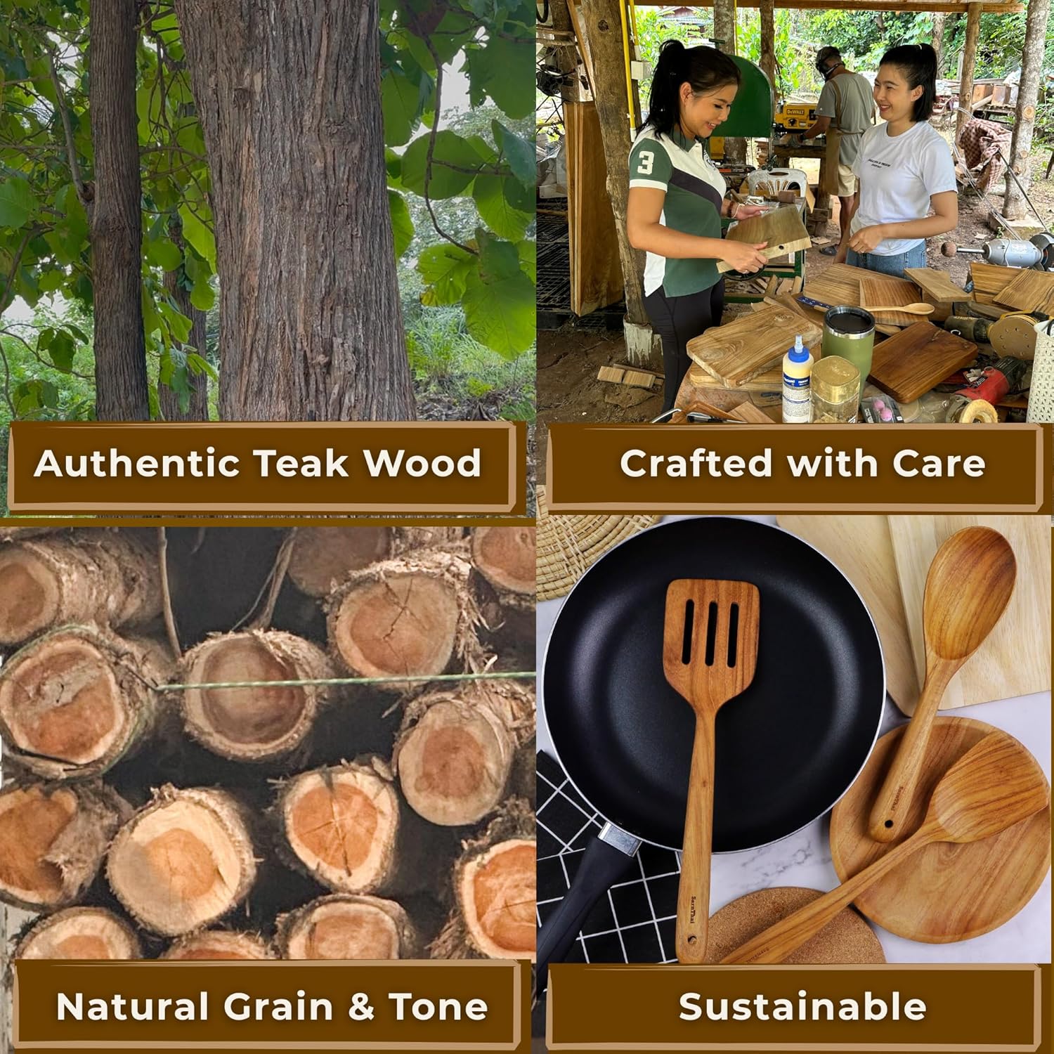 SarnThai Premium Teak Kitchen Utensil Set – 3 Piece Handmade Wooden Spatula & Spoon, Eco-Friendly Teak Cooking Tools for Nonstick Pans, Wooden Spoons for Cooking