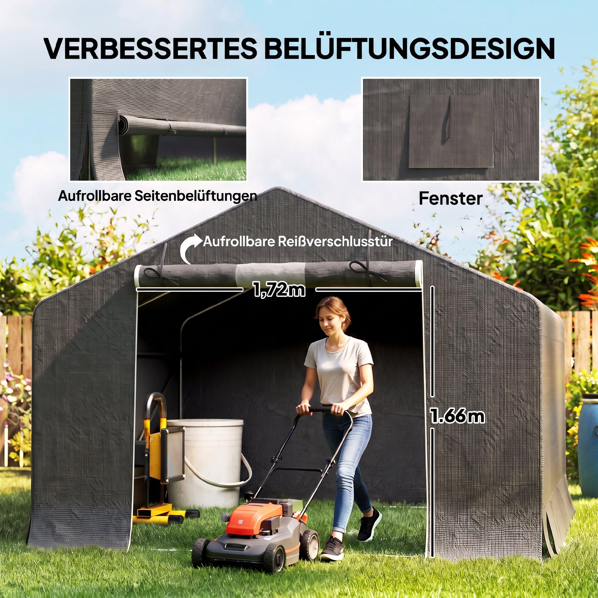 Outsunny Garagenzelt 300 x 300 x 210 cm mit Aufrollbarer Reißverschlusstür